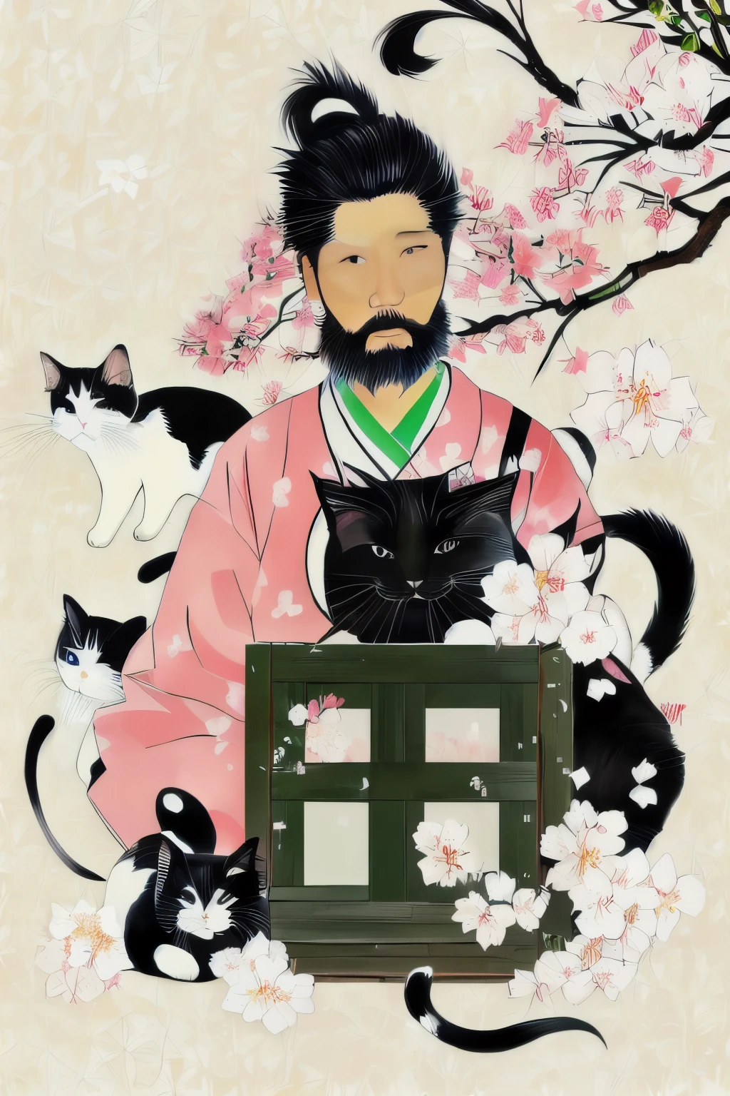 Designed by a 50-year-old Japanese man。Looking at me with eyes wide open。He is a painter、He is wearing a khaki jacket、The inner layer is a white T-shirt.。Wearing black shorts。He has short, mixed white and black hair.、Has a beard。Behind him is a character with a rice ball head。The onigiri character has a green, slender body.。Black and white cat watching。Cherry blossom petals are scattered。The background is a hot spring.。Beautiful girls surround him、Looking at me with envy。