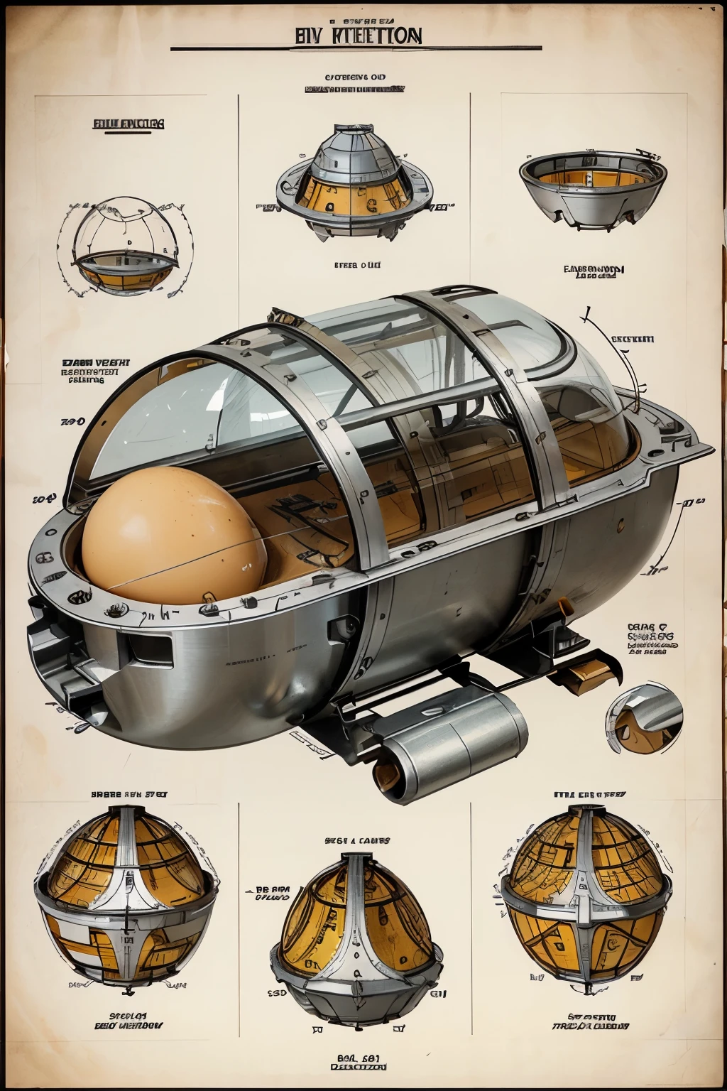 Highly detailed technical drawing of a fried egg The illustrations should include a side view, cross-sections, and exploded views to show both the exterior and interior components. Labeled parts with annotations specifying materials, dimensions, and other ebgineering specifications. Style vintage engineering blueprint, and educational intent