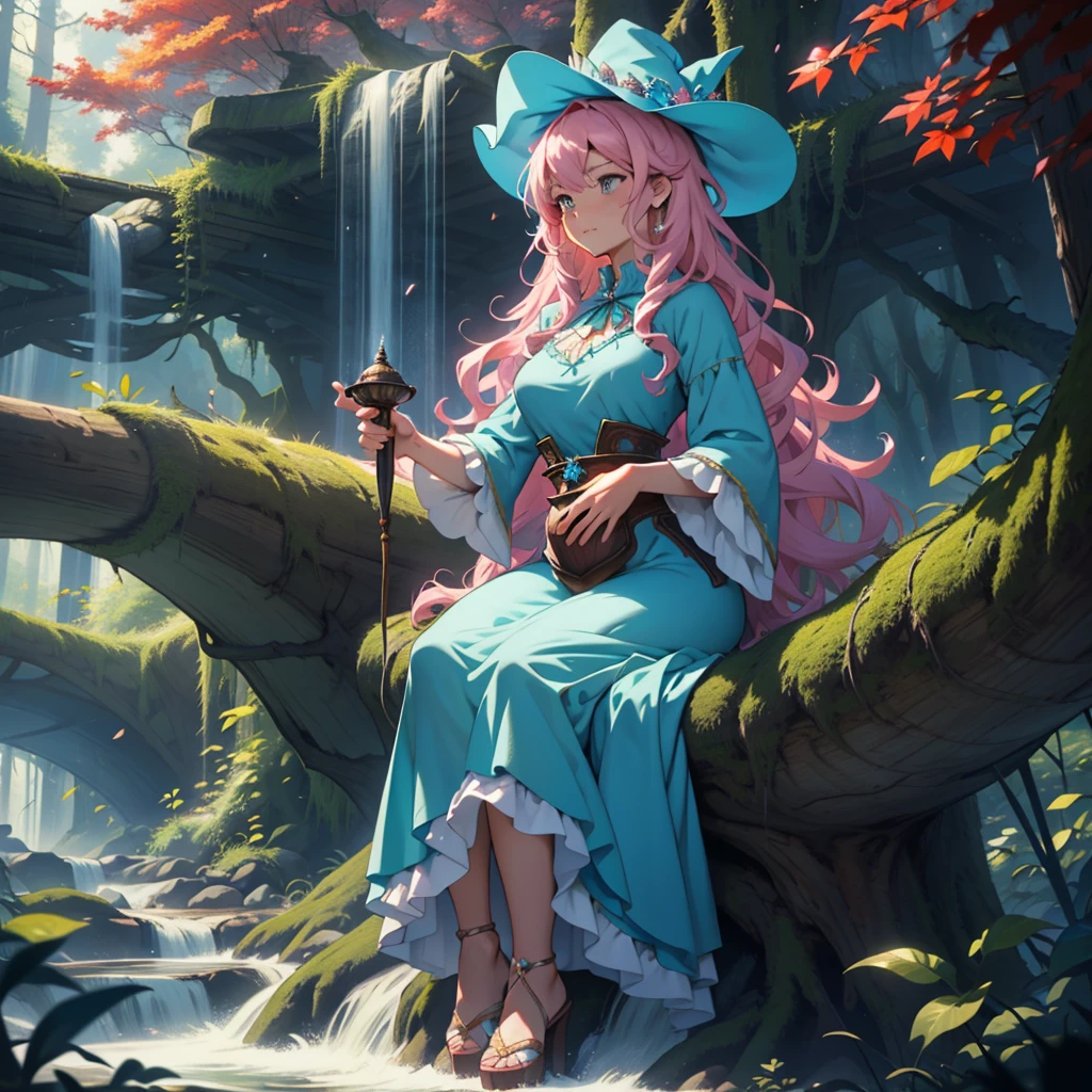 Anime girl with soft, wavy hair and big, expressive eyes, wearing a frilly pink dress and holding a magical wand, positioned in a whimsical forest setting with colorful autumn leaves falling around her. A witch character, muscular and towering with long, pointed fingers and an oversized, hat adorned with various charms and potions, sitting cross-legged on a mossy log with a cauldron bubbling nearby. A princess figure, clad in a stunning, shimmering blue gown with a flowing train, showcasing a fit and lean physique, seated gracefully on a cloud-like throne with plush cushions, surrounded by an abundance of soft, fl