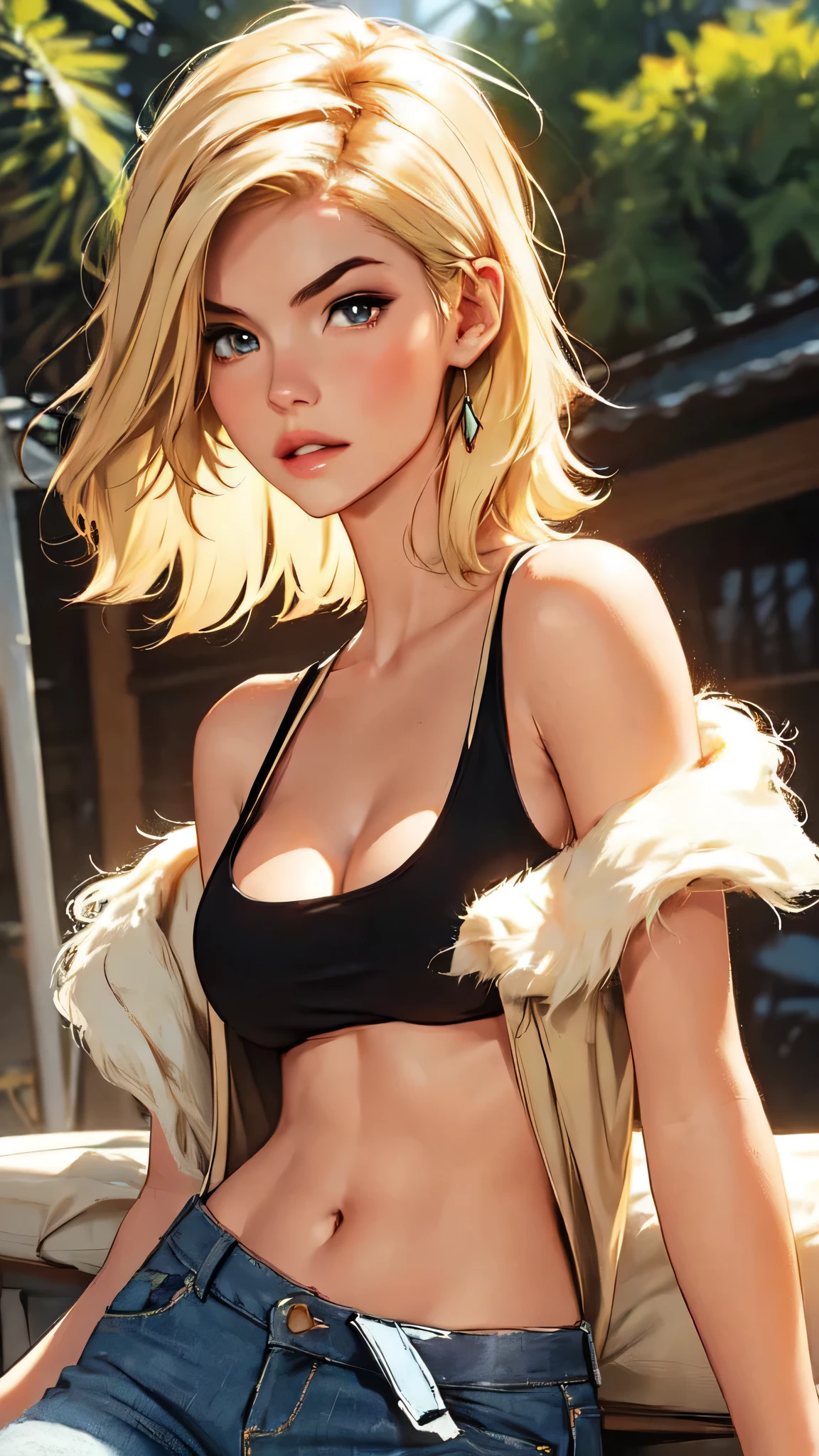 （lifelike， high - resolution：1.3）， 1 girl with a perfect body，slender body, Super fine face and eyes，boho bob hair，blonde hair,  Tank top of random colors：1.2， short jeans，Expose cleavage