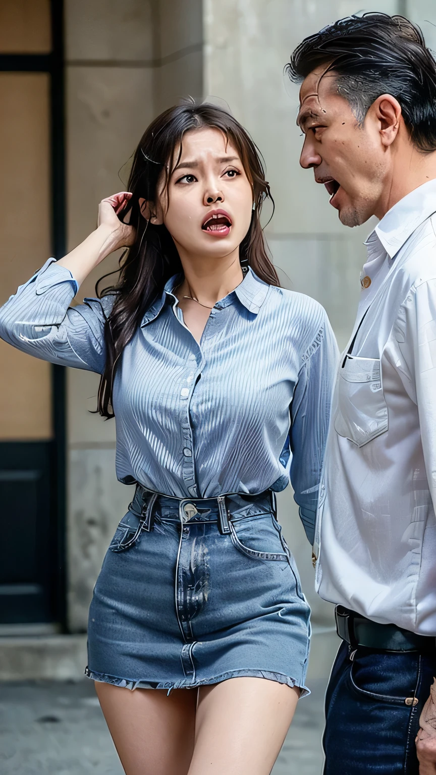 (high quality), (Realistic photos)、1 male、1 female、No audience、((Young Japanese couple arguing face to face:1.4))、((Angry Japanese woman and a Japanese man trying to talk to her:1.4)) 、((White short sleeveTWoman in a shirt:1.4))、((whiteTMan in a shirt:1.4))、((On a deserted street:1.4))、Daytime、((A woman glares at a man:1.7))、((A woman wearing a denim skirt that accentuates her thighs:1.4))、((White short sleeveTWoman in a shirt:1.4))、((woman with scary expression:1.4))、