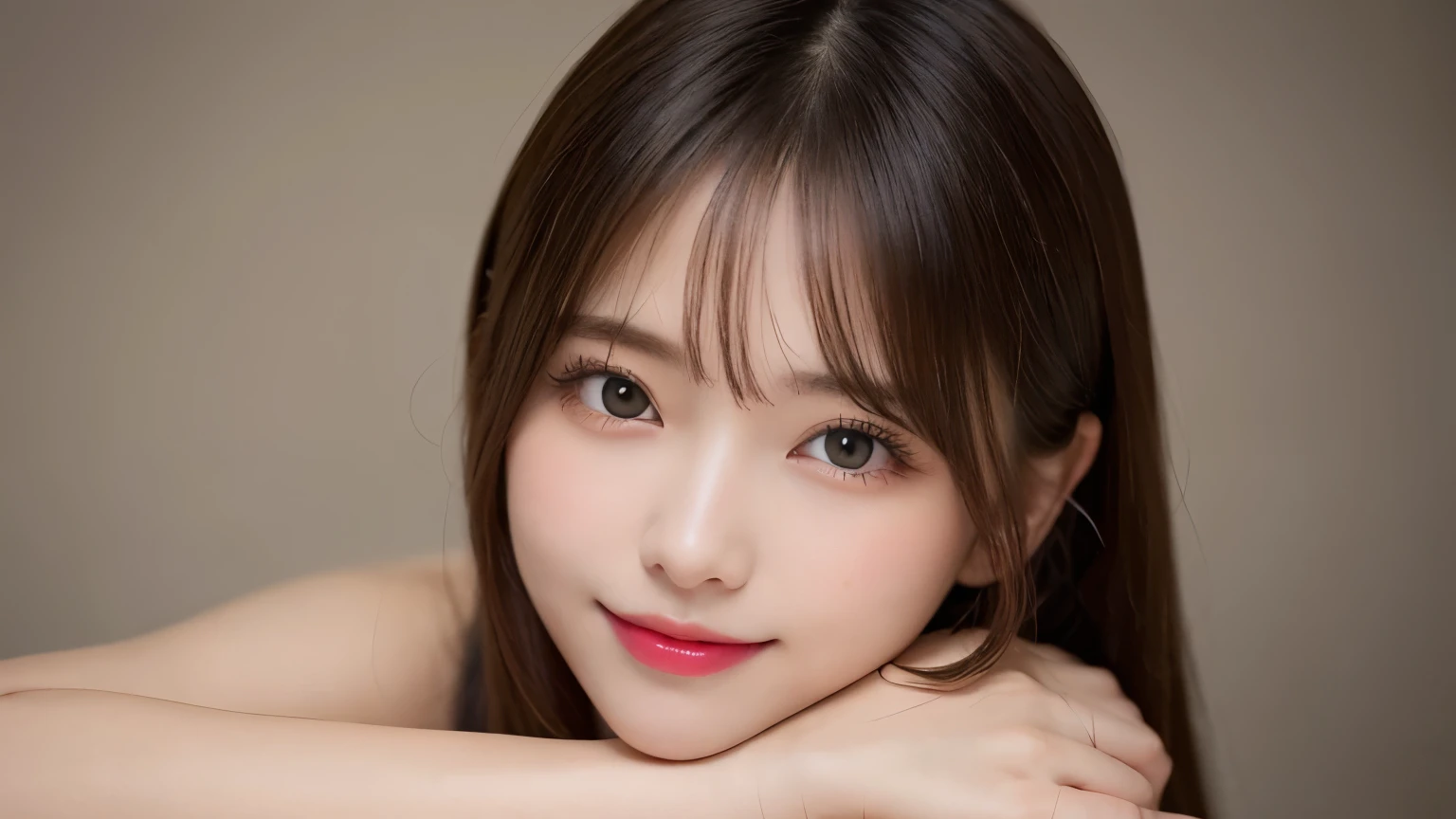 on the table, best quality, shape, Ultra Detailed, Finely, high resolution, 8k wallpaper, 完璧なダイナミックな構shape, Beautiful and delicate eyes, Medium Length Hair, Small Breasts, Natural lipstick, Casual sexy pose,Smile,20 year old girl、midnight、Beautiful and detailed face、Perfect beautiful face,big eyes、original photo、Use the whole body to express the feminine posture、Beautiful and delicate eyes、Small face、Beautiful duplex、Facelift and style,skirt、Beautiful golden ratio face,Long hair