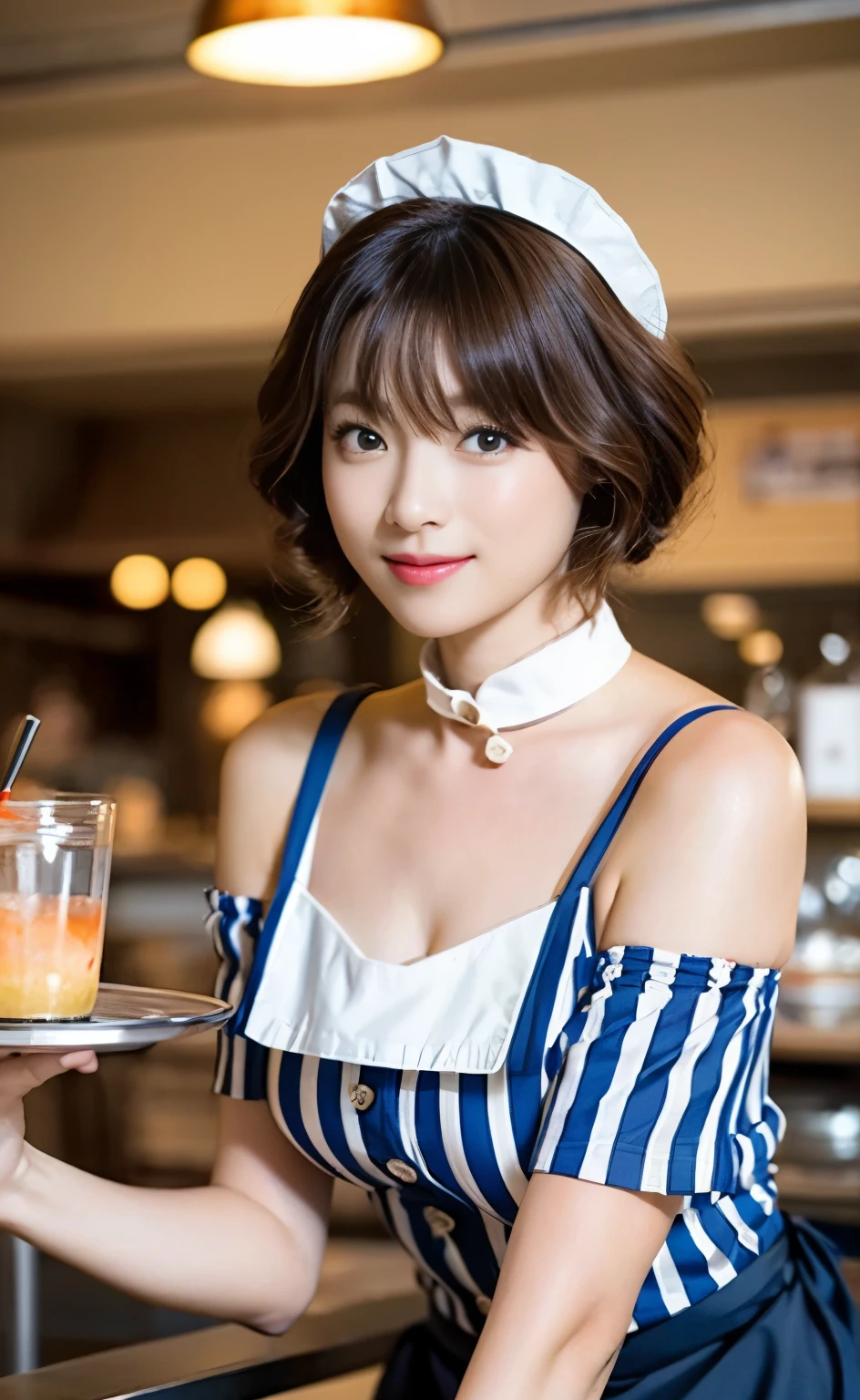 ((Perfect  with detailed limbs)) ,Masterpiece,Ulzan 6500,(Realistic, photoRealistic),She boasts an F-cup bust and a slim, muscular, firm hip that makes her look like a coke bottle., 1950s American frilly vintage diner maid waitress diner costume,Maid cap and cute red striped short-sleeved dress with collar,A girl wearing a country style ruffled waist apron, Diner waitress holding a round silver tray,((Her short hair is cute with classic pin curls and bangs that are styled with a flip outwards.)),She is a popular waitress with a beautiful smile who works at a traditional American diner.,The store is filled with vintage details like jukeboxes.,Chrome accents,Neon Signs,Her eyes are sparkling,Her smile puts the customers at ease.,Warm cocktail lighting,(((The scene was recreated using vintage, grainy 35mm film with a large depth of field.))), Beautiful background bokeh,American 60s nostalgic background,A scene from a classic movie,(Saiharu Body), (The store is packed with customers.),(Delicate eyes and face), Ray Tracing,Professional angle,Excellent detail,Beauty condensed in 1girl,Beautiful chestnut-colored bouncy hair,繊細でHigh noseを持つ美しい顔,Long limbs like a model,Tight waist,High nose, Clear chestnut eyes, Glossy lips,
