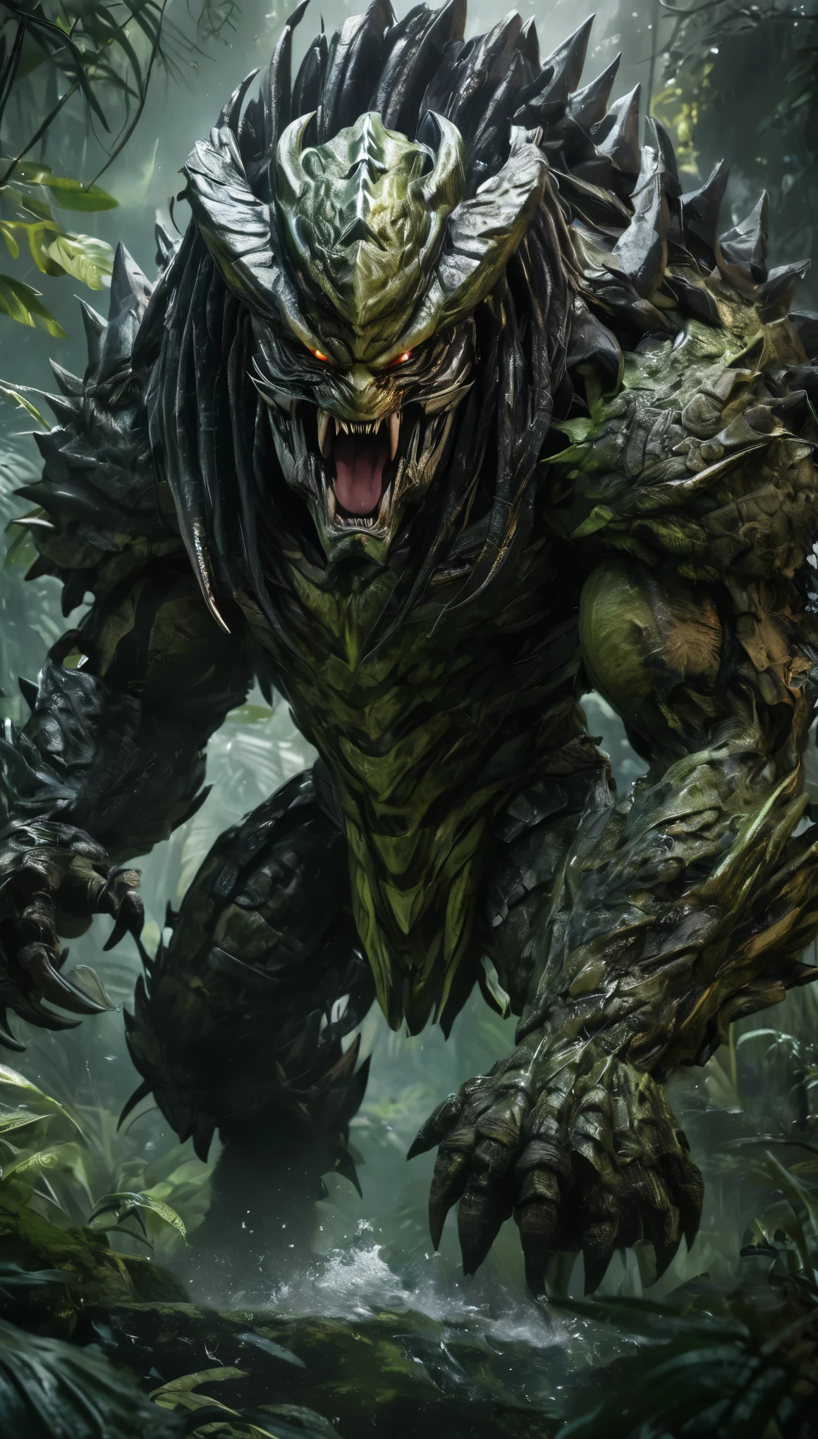 Emerging from the depths of the darkest jungles, the Predator Monstrosity is a towering behemoth of ferocity and power, Its massive form is covered in thick, armored scales, each one bearing the signature markings of Acer's Predator branding, boss monster, massive size, fierce expression, looking down, scary look, mean look, fierce, massive body, wide body, Lime Green body, wide shot, long shot, wide tail, kaiju, massive monster, detailed background, jungle, dungeon, epic battle, hero vs monster, full, uncropped subject, dust, wind, dark, dim light, volumetric lighting, Hyperrealism, breathtaking, ultra realistic, ultra detailed, cinematic lighting, highly detailed, breathtaking, photography, stunning environment, wide-angle, long sharp claws, more lime green colored body, green body