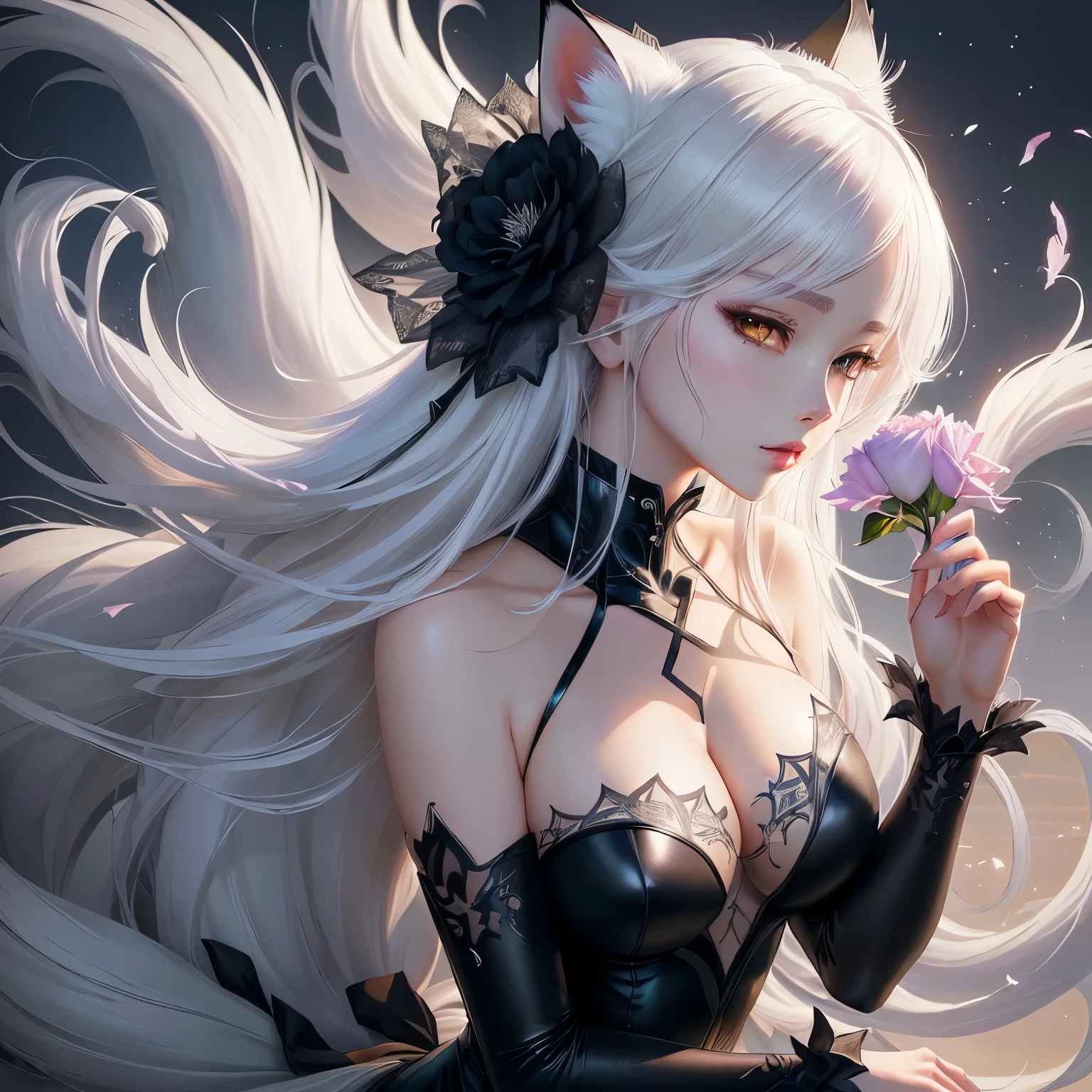 White-haired black-clothed anime girl holding a flower, Detailed anime art, Detailed anime artwork, Detailed digital anime art, clean Detailed anime art, Beautiful anime Catwoman, Beautiful anime artwork, 8k high quality detailed art, Beautiful fantasy anime, white fur fox, 非常Beautiful anime Catwoman孩, Beautiful anime art, White cat girl, Anime Fantasy Artwork