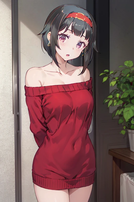 masterpiece, yor, 1girl, solo, looking at viewer, open mouth, black hair, red eyes, dress, bare shoulders, jewelry, collarbone, sidelocks, hairband, earrings, indoors, off shoulder, :o, sweater, arms behind back, plant, short hair with long locks, white hairband, off-shoulder dress, sweater dress, off-shoulder sweater, red sweater, big side hair, very long side hair,is rendered in (masterpiece: 1.2, best quality), with (ultra high resolution) and an exquisite (depth of field). This masterpiece is not only visually stunning but also tells