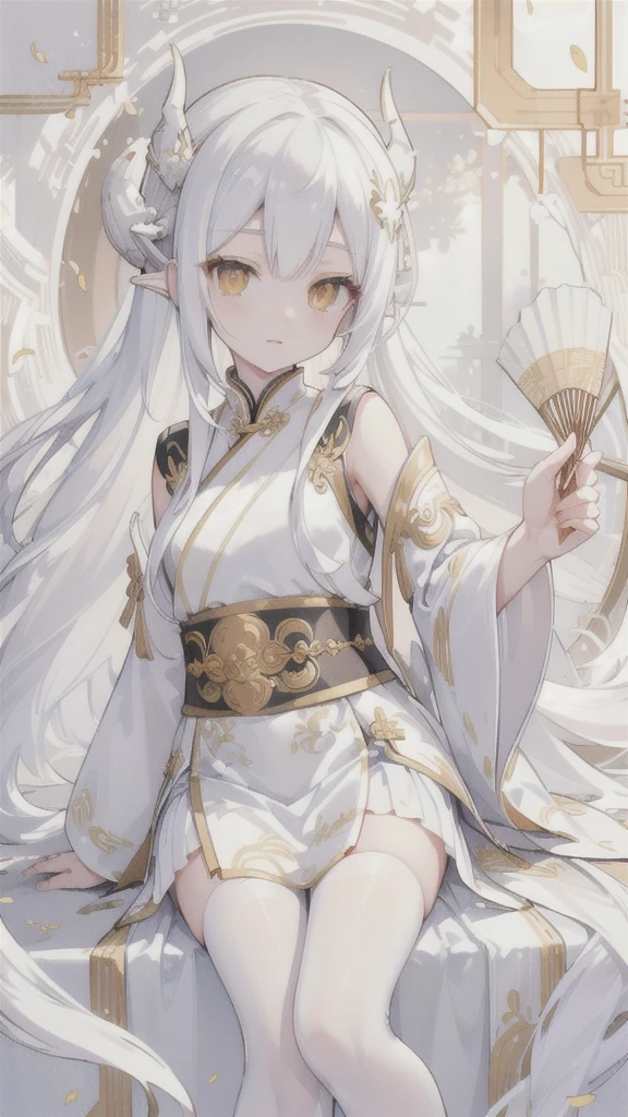(best quality, highres, ultra-detailed:1.2), beautiful long white hair, stunning golden eyes, silver Hanfu armor, intricately designed white folding fan, white dragon horns, ethereal lighting, soft color palette, white stockings