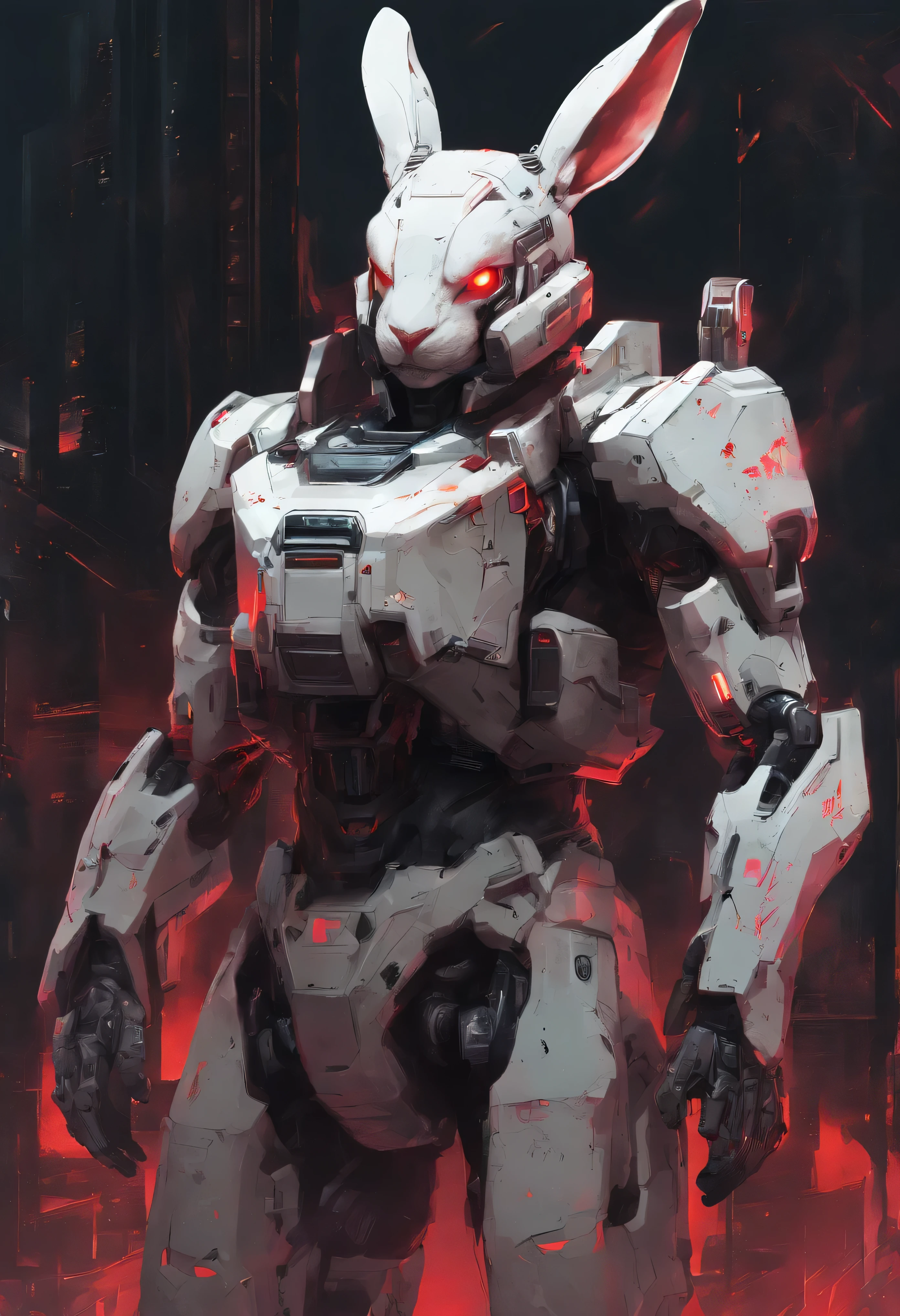 Cyberpunk. rabbit. 3D. Short stature. Standing. Wearing armor. Back to camera. Head tilted. Standing on the shoulders of Gundam mecha. Hand-held boomerang. Glowing red eyes. There is blood at the corner of the mouth. Bare teeth.