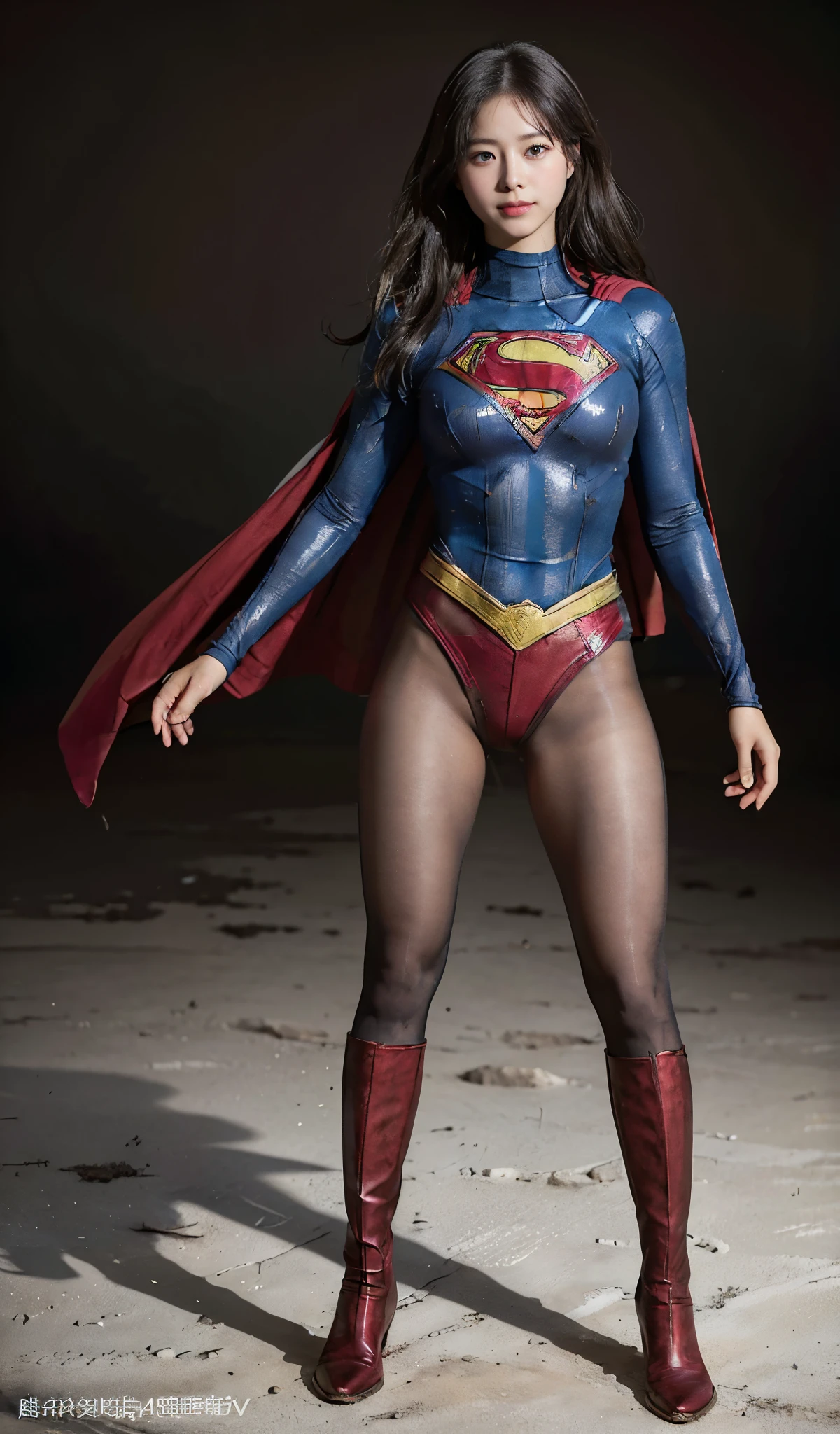 No background、(((Beautiful legs in black tights.)))、(((Legally express the beauty of your smile)))、((((Make the most of your original images)))、(((Supergirl Costume)))、(((Beautiful boyish hairstyle)))、(((suffering)))、(((Please wear black tights....、Wear red boots)))、((Best image quality、8k))、((highest quality、8k、masterpiece:1.3))、(((Preserve background )))、Sharp focus:1.2、Beautiful woman with perfect figure:1.4、Slim Abs:1.2、Wet body:1.5、Highly detailed face and skin texture、8k