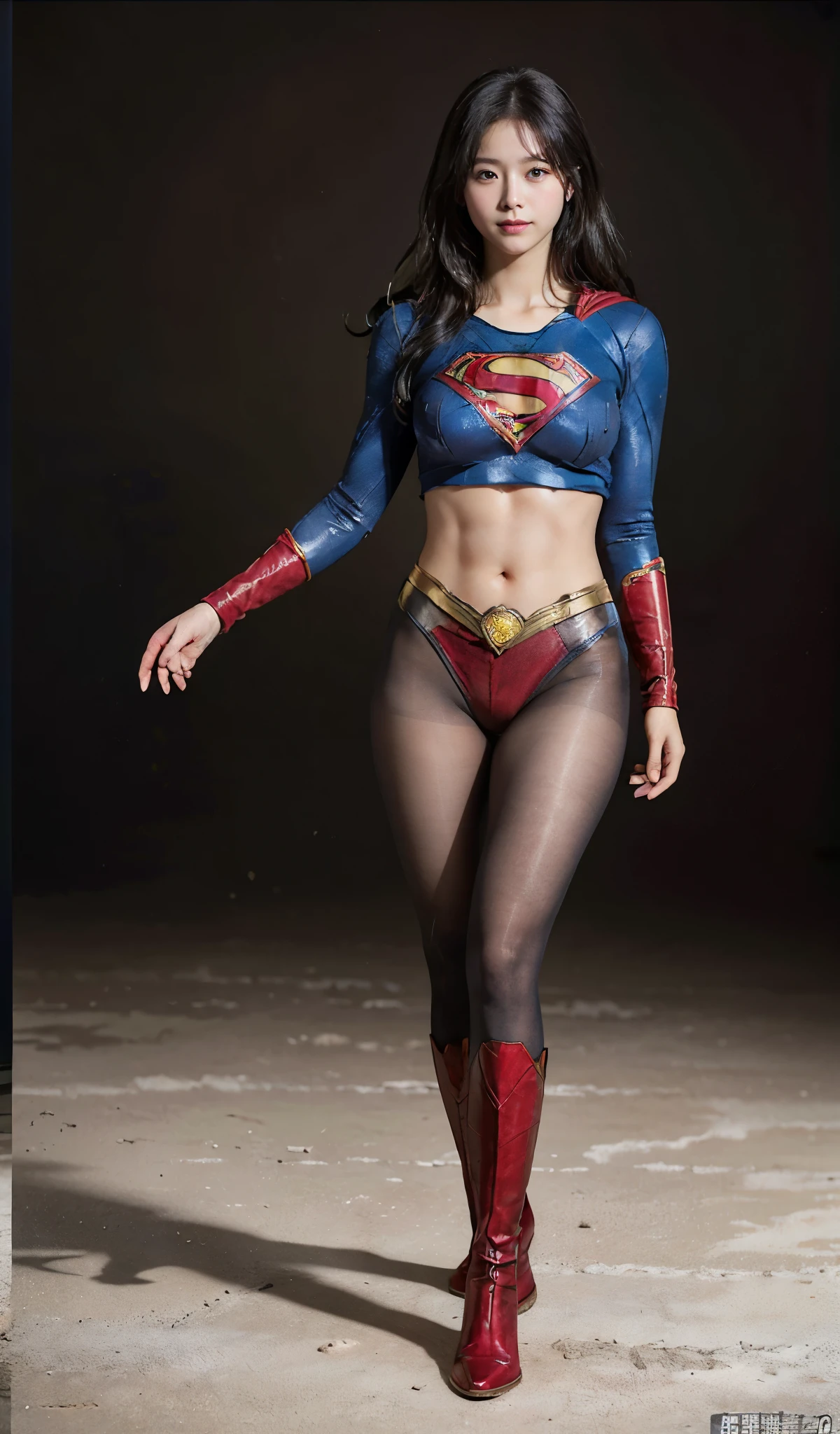 No background、(((Beautiful legs in black tights.)))、(((Legally express the beauty of your smile)))、((((Make the most of your original images)))、(((Supergirl Costume)))、(((Beautiful boyish hairstyle)))、(((suffering)))、(((Please wear black tights....、Wear red boots)))、((Best image quality、8k))、((highest quality、8k、masterpiece:1.3))、(((Preserve background )))、Sharp focus:1.2、Beautiful woman with perfect figure:1.4、Slim Abs:1.2、Wet body:1.5、Highly detailed face and skin texture、8k