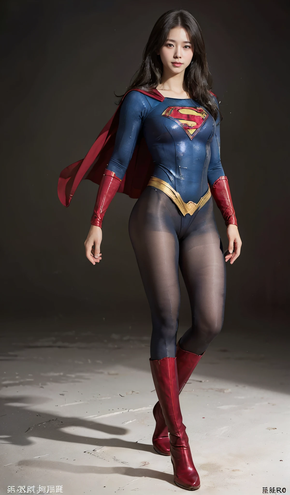 No background、(((Beautiful legs in black tights.)))、(((Legally express the beauty of your smile)))、((((Make the most of your original images)))、(((Supergirl Costume)))、(((Beautiful boyish hairstyle)))、(((suffering)))、(((Please wear black tights....、Wear red boots)))、((Best image quality、8k))、((highest quality、8k、masterpiece:1.3))、(((Preserve background )))、Sharp focus:1.2、Beautiful woman with perfect figure:1.4、Slim Abs:1.2、Wet body:1.5、Highly detailed face and skin texture、8k