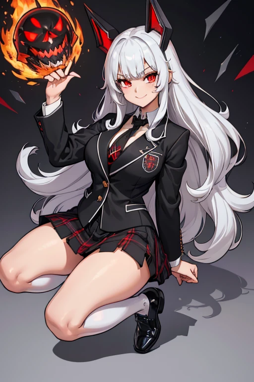 female, silver long hair with black highlights, red eyes, (((1girl))), (((red high school blazer with black trim))), (white shirt), (black tie), (black plaid skirt), (white thigh high socks), (black dress shoes), cute and sexy, full body, large breasts, large butt, long legs, smiling