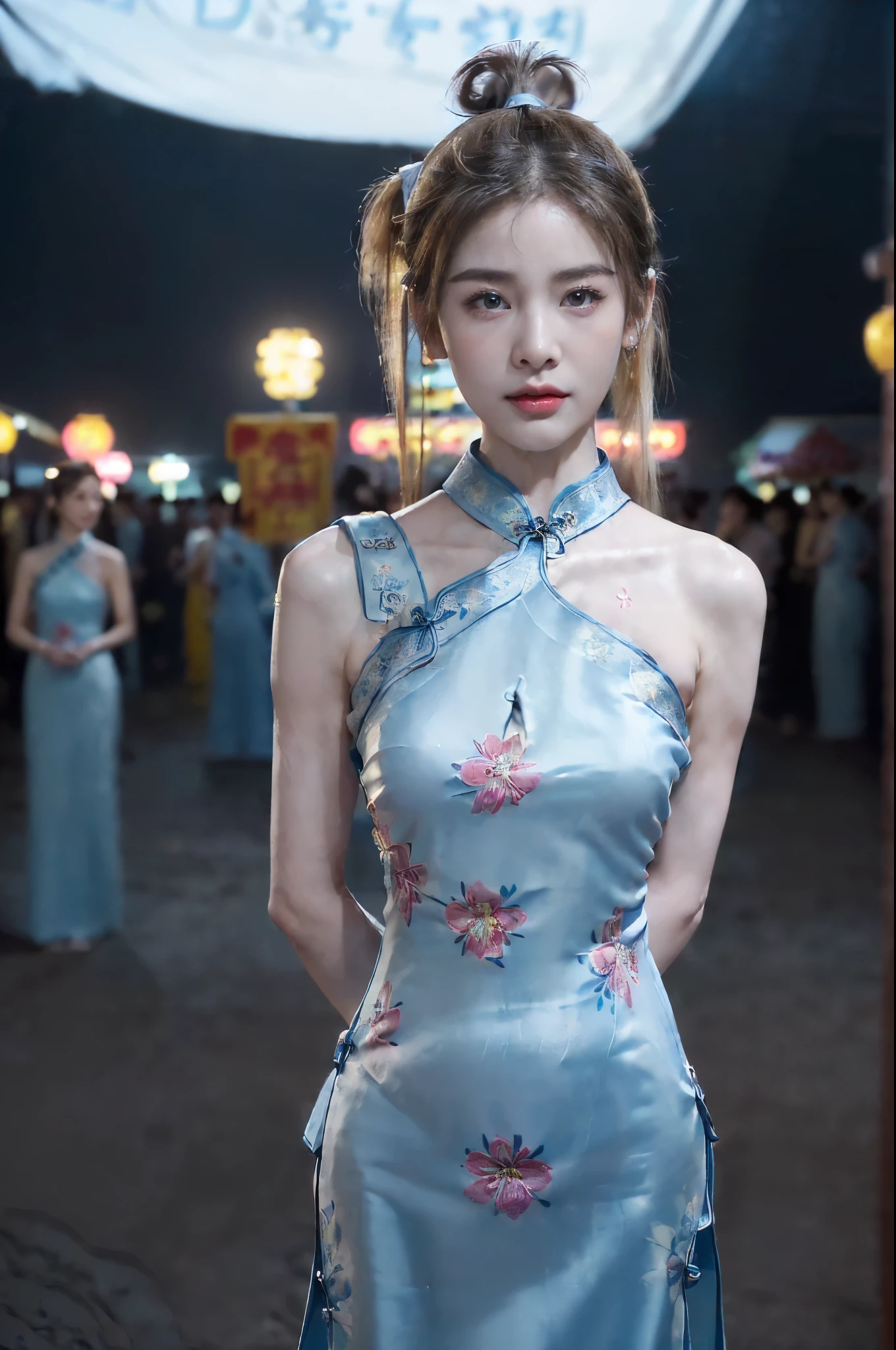 ((((8k))),((Extremely meticulous CG)) ,(wallpaper),16k,((Extremely refined and beautiful)),(((Masterpiece))),(((best qualtiy))),(((Ultra High Resolution))),realistic shaded,(Smooth and flawless fair skin:1.5),(pale skin:1.3),(Extremely exquisite facial details:1.2),(perfect body:1.2),(ultra-detailed:1.3),((A beautiful girl,solo)),(small head:1.2),(short ponytail:1.5),(small face:1.2),(Exquisite makeup:1.2),(small breasts:1.2),(flat chests:1.2),(slim,thin),(happy:1.2),(laughing:1.2),(collar:1.2),(maxi gorgeous one-shoulder floral blue cheongsam:1.5),(cleavage:1.3),(night scene:1.5),(outdoor:1.2),(In the courtyard of Buddhist temple:1.3),(Night Market:1.5),(neon lights:1.3),(detailed background:1.5),(standing:1.3),(arms behind back:1.5),(upper body:1.3),(from front:1.3),(surrounded by crowded crowds:1.5),(spring:1.2),