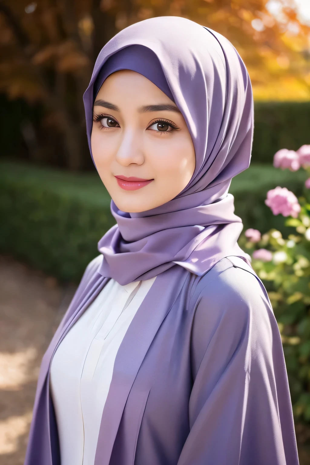 Luna Maya, 30 years old, blushing, hijab ( the hijab covered the hair ), (8K, raw photo, highest quality, flying fragments: 1.2), (reality, realita: 1.4), sharp focus on something big, slim face, medium breasts, shy smile, cinematic lighting, bright light, eye beauty details, shiny and smooth skin, red lipstick, shiny skin, super dense skin, high resolution, complicated hijab, detailed style, detailed beauty face, very realistic, perfect body parts, perfect anatomy, 1 Japanese girl, famous Japanese idol, perfect female body, beautiful eyes, short eyelashes, double eyelids, look straight towards here, wearing white scrunchie, wearing a long purple abaya, walking, standing upright and facing me, so the whole body can be seen, autumn season, abaya clothes, looking straight at me, wearing a scarf, view of the flowers garden, brick road, focus look at me