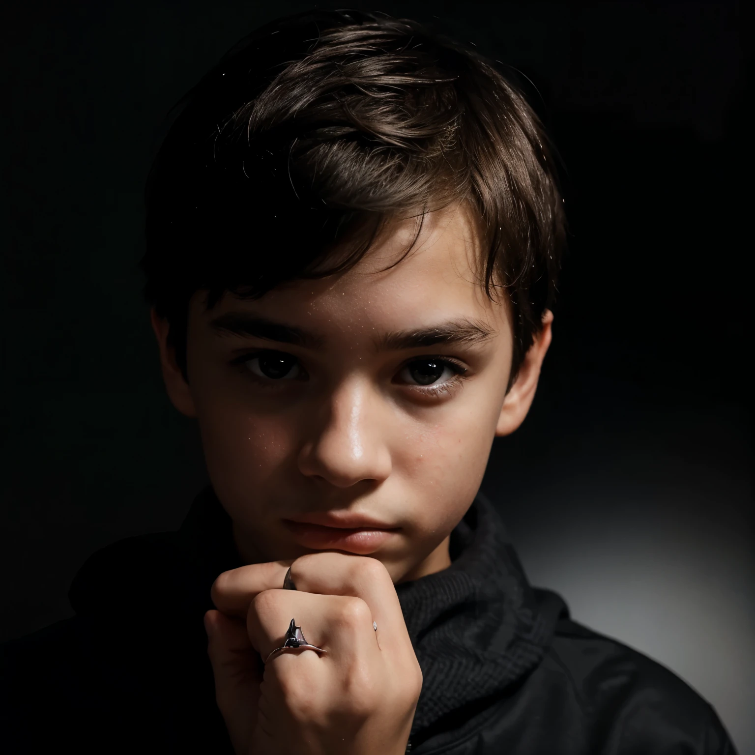 A boy seeing front , finger on lips, dark room, contrast, black background, ring on fingers, beautiful teenager boy, but face should not be seen