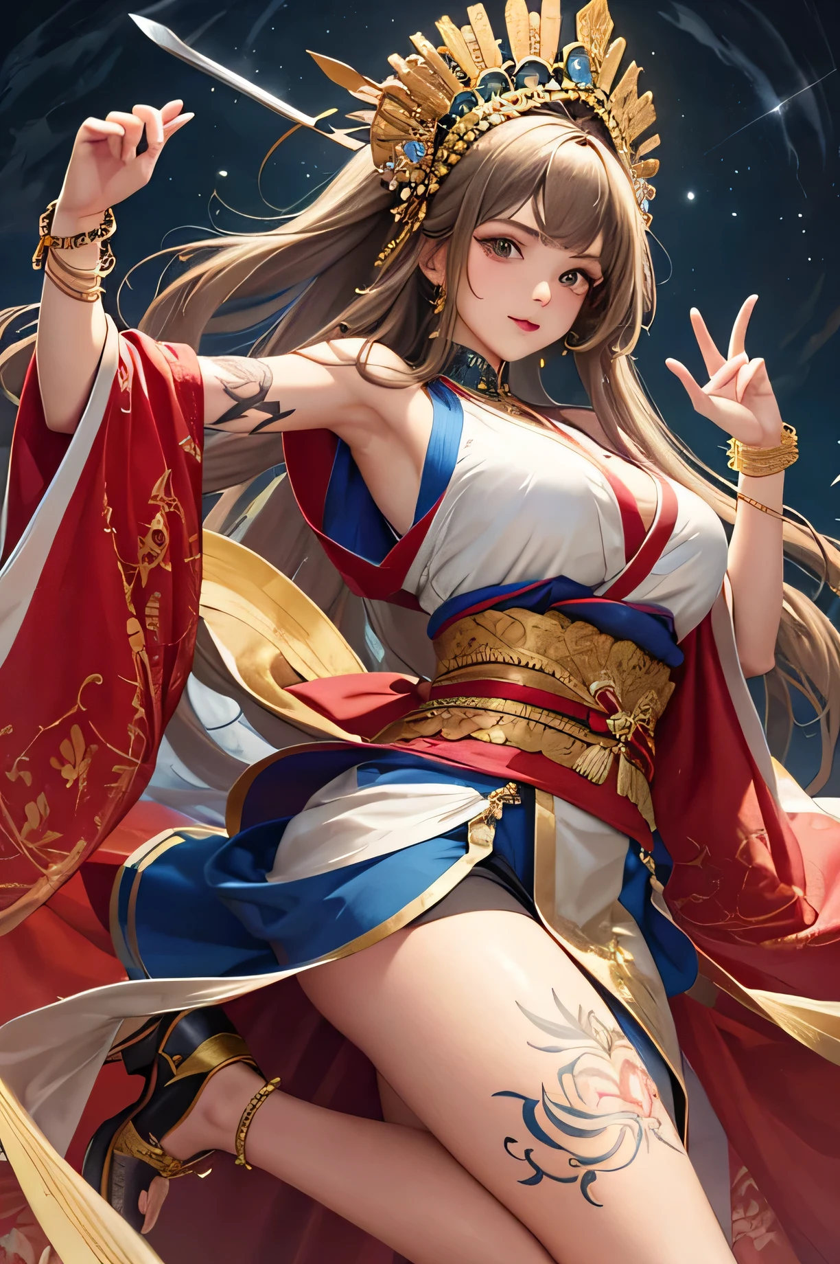 ((highest quality)), ((masterpiece)), (detailed), One beautiful girl,Dance with a curved sword,One leg raised,Perfect Face,Perfect body,Wearing a sleeveless kimono,Bracelet,mask,Tattoo