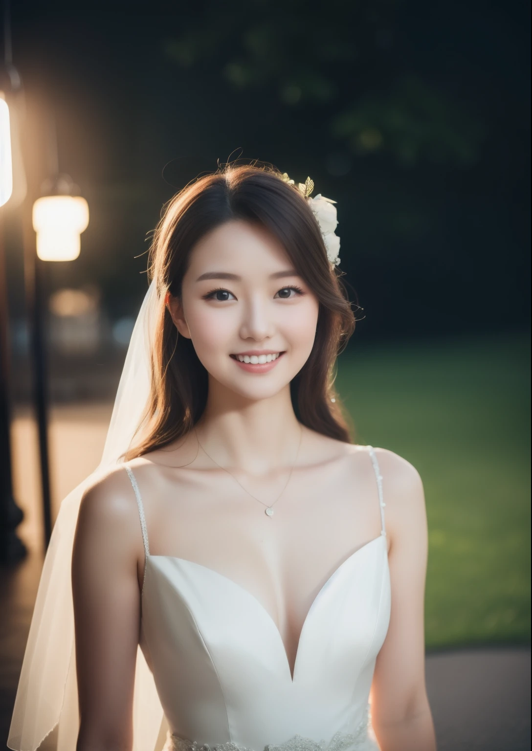 Beautiful 25 year old woman。She is wearing a summer wedding dress. She is smiling on illuminated by the evening church lights . romantic sunset. her dark brown hair. High resolution、masterpiece、highest quality、頭w:1.0、((Hasselblad Photos))、fine skin、(movie lighting)、clavicle . full body picture.