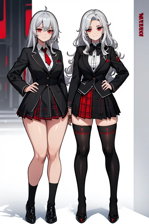 female, silver long hair with black highlights, red eyes, (((1girl))), (((red high school blazer with black trim))), (white shirt), (black tie), (black plaid skirt), (white thigh high socks), (black dress shoes), cute and sexy, full body, large breasts, large butt, long legs, smiling