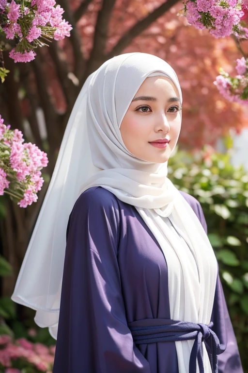 Luna Maya, 30 years old, blushing, hijab ( the hijab covered the hair ), (8K, raw photo, highest quality, flying fragments: 1.2), (reality, realita: 1.4), sharp focus on something big, slim face, medium breasts, shy smile, cinematic lighting, bright light, eye beauty details, shiny and smooth skin, red lipstick, shiny skin, super dense skin, high resolution, complicated hijab, detailed style, detailed beauty face, very realistic, perfect body parts, perfect anatomy, 1 Japanese girl, famous Japanese idol, perfect female body, beautiful eyes, short eyelashes, double eyelids, look straight towards here, wearing white scrunchie, wearing a long purple abaya, walking, standing upright and facing me, so the whole body can be seen, autumn season, abaya clothes, looking straight at me, wearing a scarf, view of the flowers garden, brick road, focus look at me