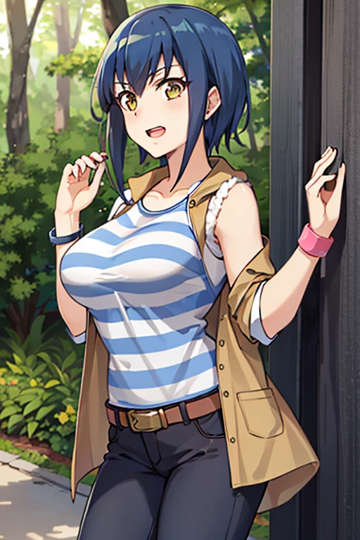 masterpiece, best quality, highres, carly nagisa, long black hair, brown sleeveless jacket, open jacket, striped shirt, jeans, wristband, Sagiri Mikage,1girl, blue hair, yellow eyes, short hair, large breasts, happy, open mouth, cowboy shot, outdoors, forest 