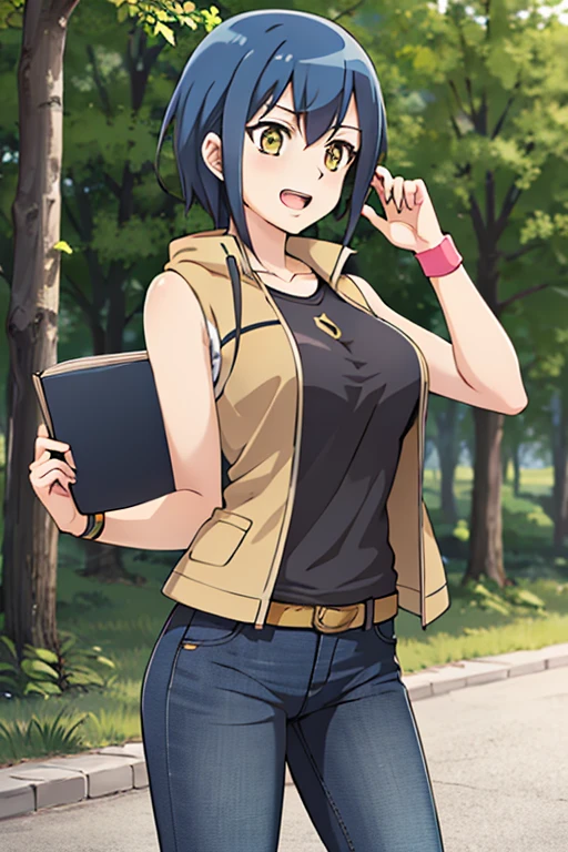 masterpiece, best quality, highres, carly nagisa, long black hair, brown sleeveless jacket, open jacket, striped shirt, jeans, wristband, Sagiri Mikage,1girl, blue hair, yellow eyes, short hair, large breasts, happy, open mouth, cowboy shot, outdoors, forest 