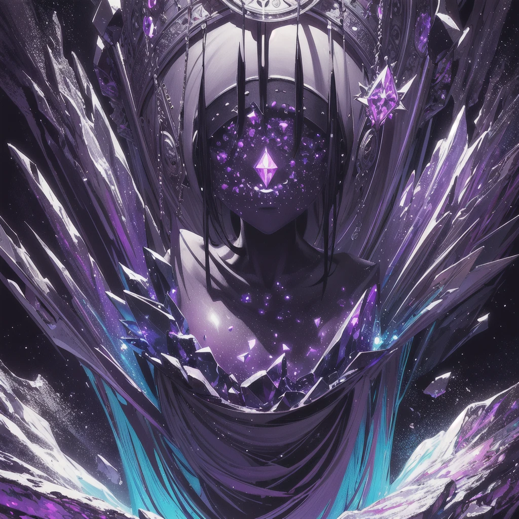 (masterpiece, top quality, best quality, official art, beautiful and aesthetic:1.2), dark background, black background, 1 purple crystal in the middle, glowing Crystal, cover art, album cover, no human, no person just crystal, eerie, illustration, painting, oil painting 