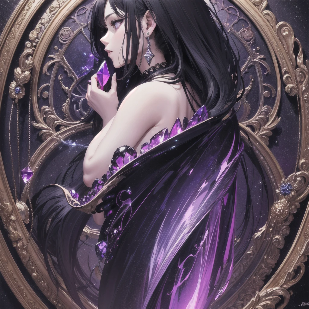 (masterpiece, top quality, best quality, official art, beautiful and aesthetic:1.2), dark background, black background, 1 purple crystal in the middle, glowing Crystal, cover art, album cover, no human, no person just crystal, eerie, illustration, painting, oil painting
