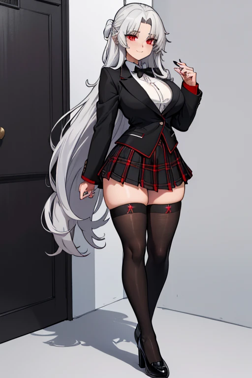 female, silver long hair with black highlights, red eyes, (((1girl))), (((red high school blazer with black trim))), (white shirt), (black tie), (black plaid skirt), (white thigh high socks), (black dress shoes), cute and sexy, full body, large breasts, large butt, long legs, smiling