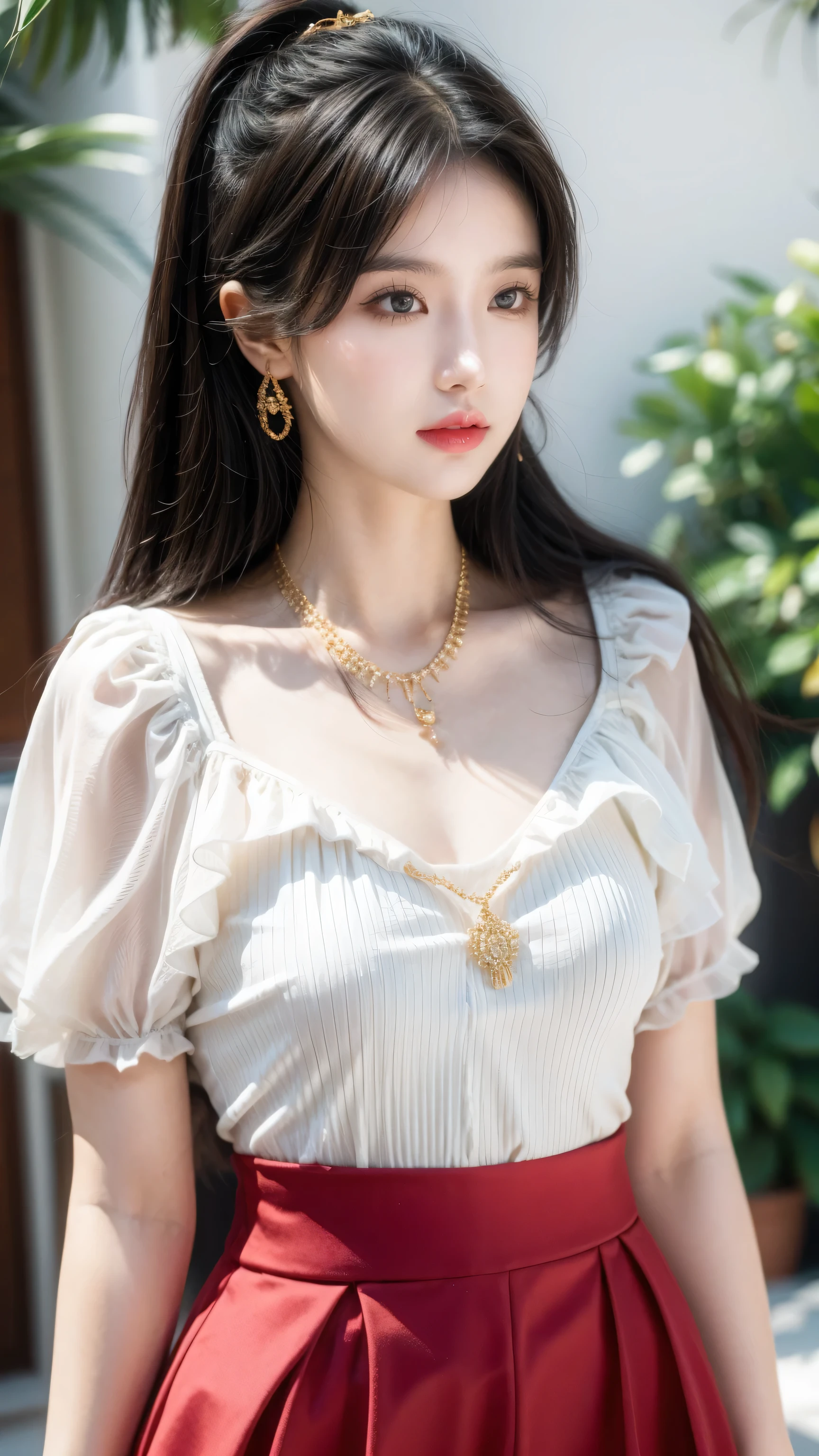 A gypsy with green eyes and black hair, White top with gold medal and red skirt with ruffles, Shell necklace.