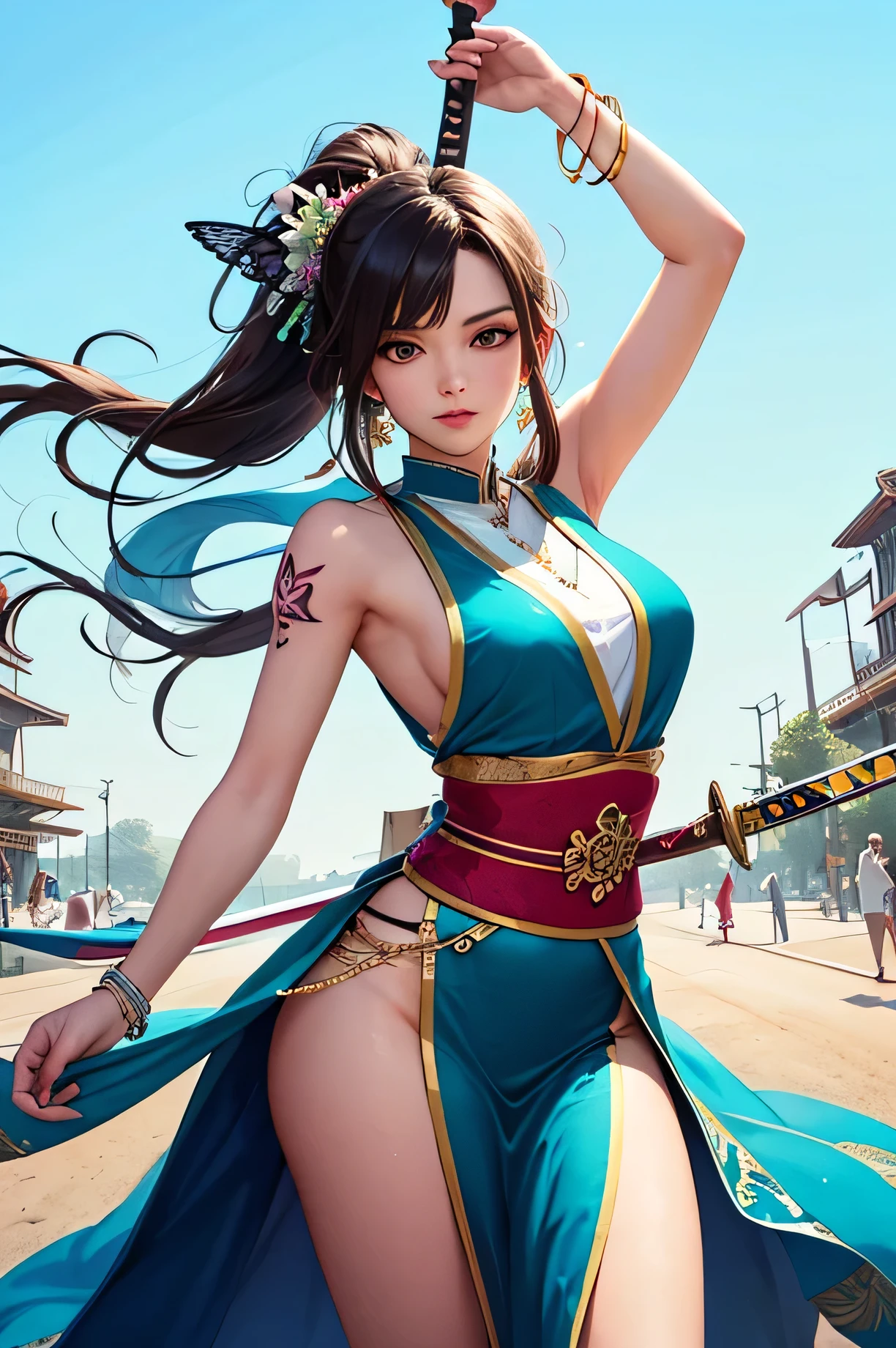 ((highest quality)), ((masterpiece)), (detailed), One beautiful girl,Dance with a curved sword,One leg raised,Perfect Face,Perfect body,Wearing a sleeveless kimono,Bracelet,mask,Tattoo