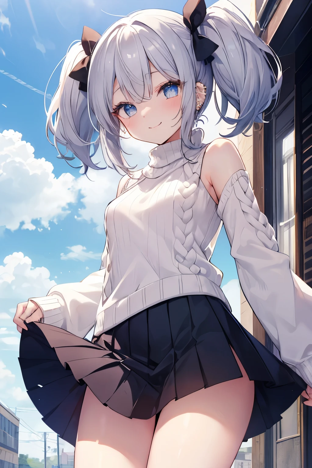 Silver-haired blue eyes、 girl、Small breasts、Twin tails、Laughter、Nico Nico Smile、Wink、 girl、Looks about 、Petan Musume、short、There are highlights on the eyes、Gal-like appearance、Wearing piercings、knit sweater
No sleeve
body line
arm pit、mini skirt、The wind is blowing and my panties are showing through my skirt、I'm sweating because it's so hot、blue sky、Lightly dressed and cute