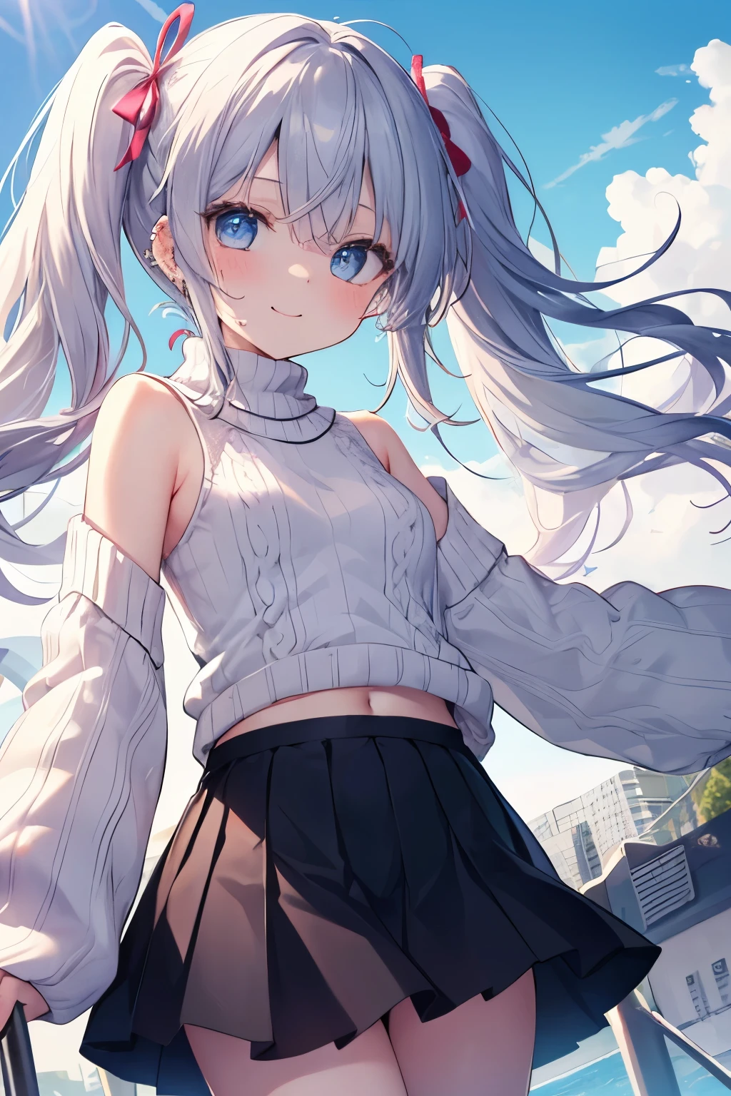 Silver-haired blue eyes、 girl、Small breasts、Twin tails、Laughter、Nico Nico Smile、Wink、 girl、Looks about 、Petan Musume、short、There are highlights in the eyes、Gal-like appearance、Wearing piercings、Knit sweater, sleeveless, body line, underarm、mini skirt、The wind is blowing and my panties are showing through my skirt、It was so hot that I sweated、blue sky、Light and cute、Show your armpits、Side view