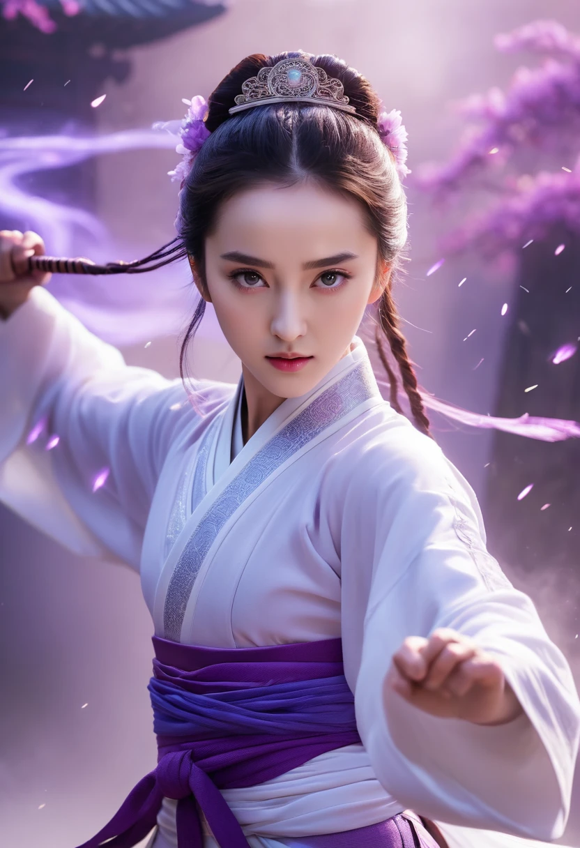 uhd, epic, cinematic still frame, sharp focus, craft a hyper realistic photo of most attractive and beautiful Wuxia girl (Dilraba Dilmurat), (beautiful face)、(((1 juvenile，full bodyesbian，tear-mole:)))full bodyesbian，Sharp eyes，Clear facial features，wearing a lace hanfu，White robe，Fighting，Strong dynamic posture，The body is surrounded by purple mist，Runes surround you，tai chi martial arts action，Holographic reality，holographic halo，dynamic blur，Game lighting effects，rim-light，Soft light，cinematic rim light，The light is delicate, Qi explosion, 