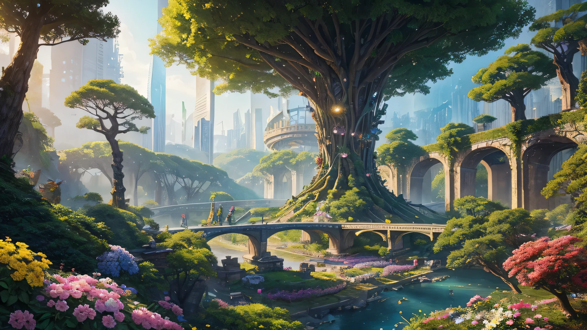 Masterpiece, robot hands a bouquet of flowers to a , mysterious, light emanates from the center, made from ruins, skyscraper, Tokyo, painting of a tree with a bridge, fantasy valley with a tree, high detailed fantasy , fantasy tree, colorful and detailed dreamscape, cosmic tree of life