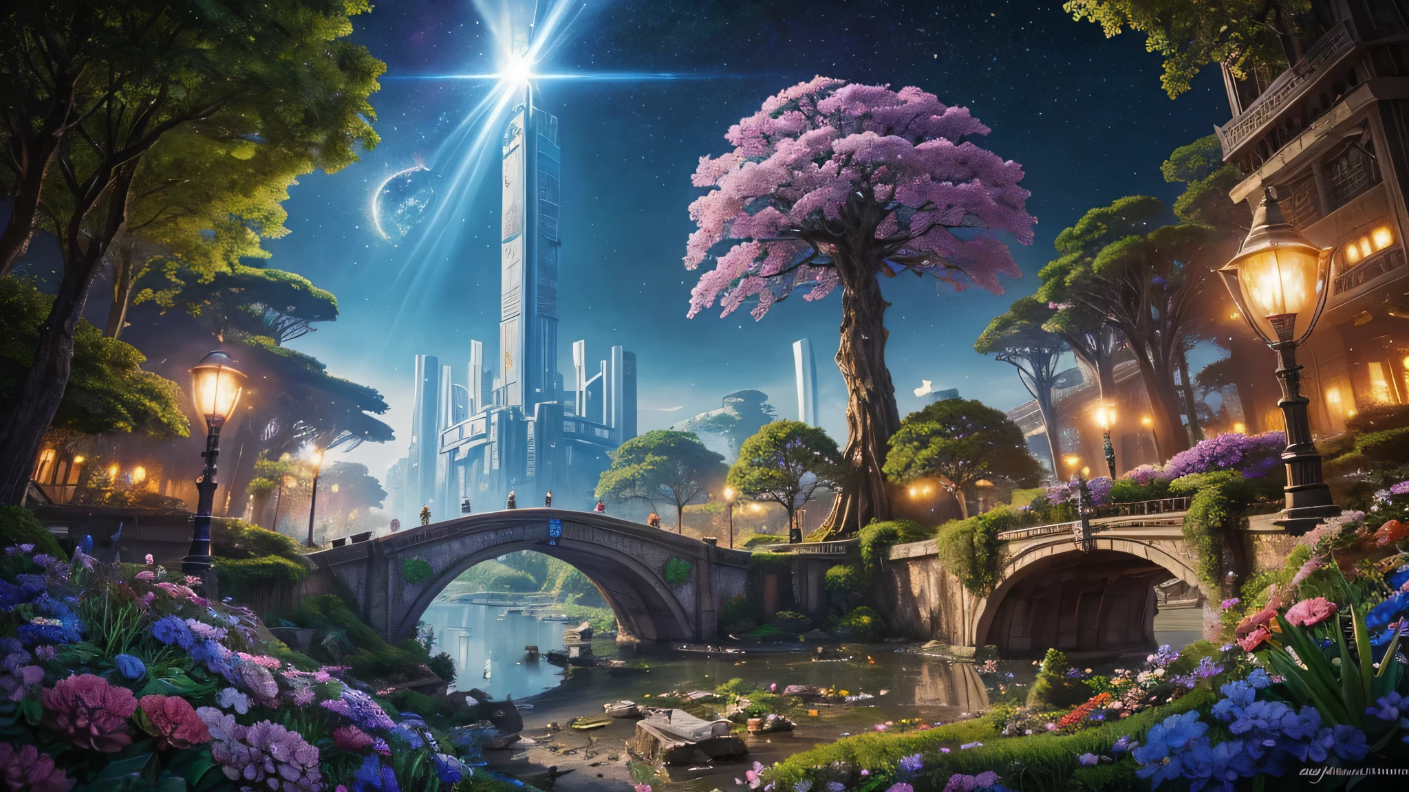 Masterpiece, robot hands a bouquet of flowers to a , mysterious, light emanates from the center, made from ruins, skyscraper, Tokyo, painting of a tree with a bridge, fantasy valley with a tree, high detailed fantasy , fantasy tree, colorful and detailed dreamscape, cosmic tree of life