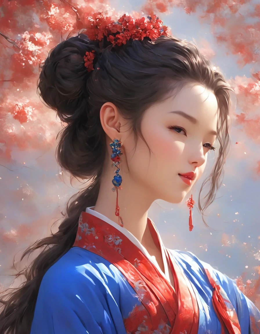 digital art of A close-up of a smiling woman wearing red and klein blue dress with her eyes closed, background: blue, exquisite digital illustration, palace, girl in hanfu, hot on cgstation, beautiful rendering of tang dynasty, beautiful digital illustration, beautiful digital art, inspired by lanying, inspired by puhua, beautiful fantasy queen, amazing digital illustration, elegant digital art, a beautiful artistic illustration,a beautiful painting by Tan Yin,Lyrical Abstraction, Ethereal Fantasy, Laser-Cut,high detail,hyper quality,high resolution,16K,depth of field (dof),Waist Shot(WS),close up,Soft illumination,