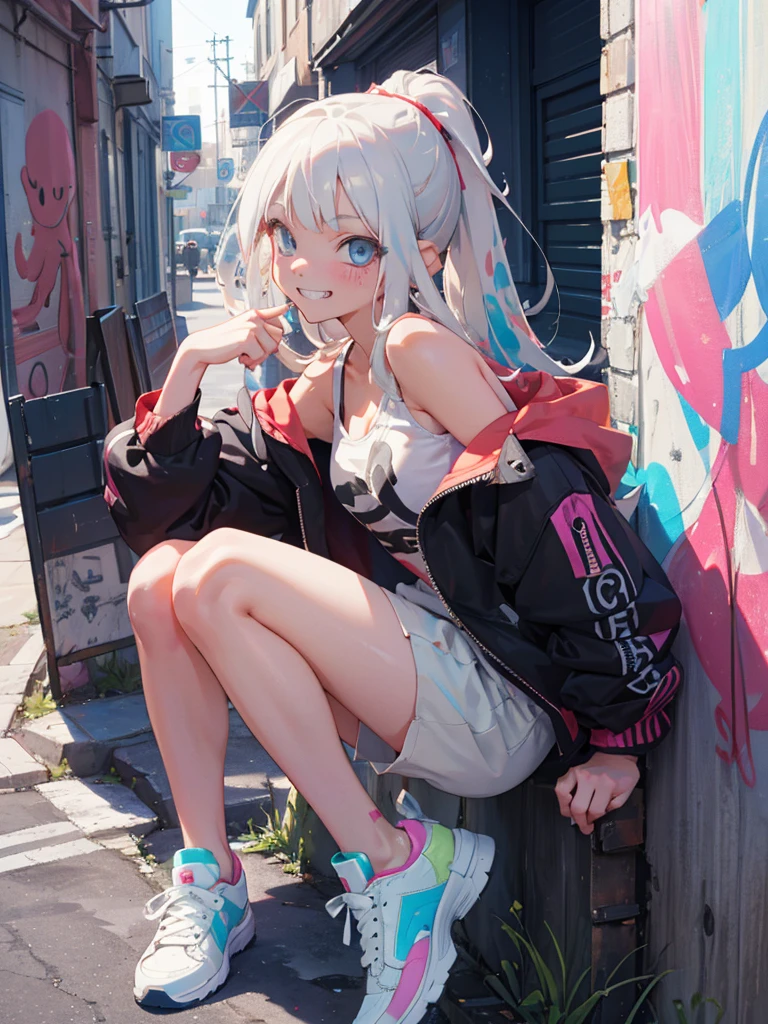 (best quarity,ultra detailed,ultra-high-resolution, 8k, masterpiece), very-cute-and-beautiful-anime-girl,highly-detailed-face-and-eyes, graffiti, neon colors, splatoon, 1girl, grin, tanktop, hoodies, show off shoulder, short-pants, sneakers,