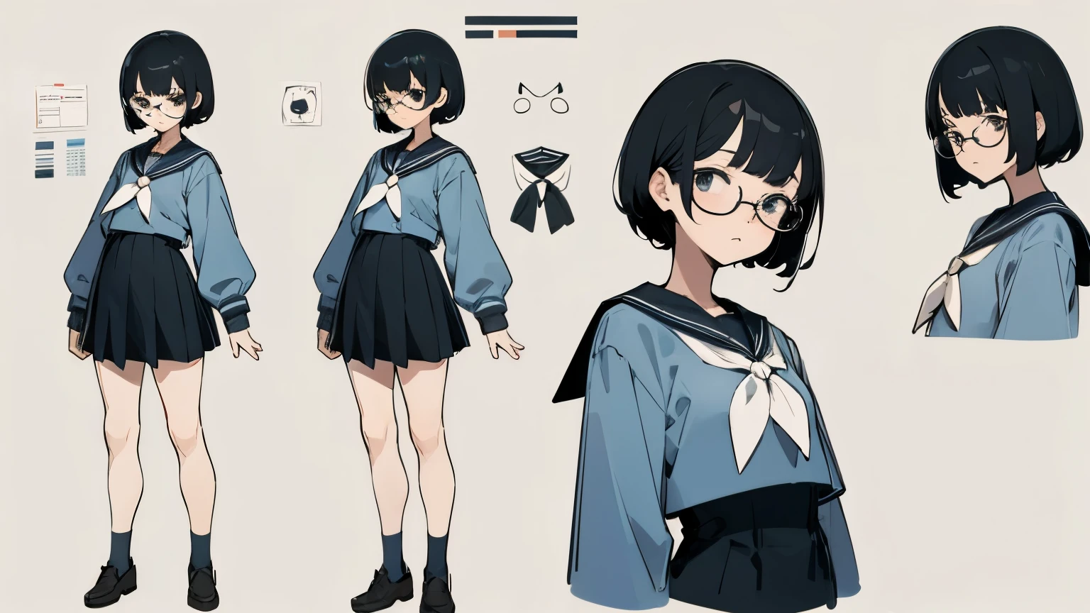 A girl with short black hair and glasses,Sailor suit,Expressionless,Front view,Black glasses, Character Sheet,Full Body Lesbian,Various poses and expressions