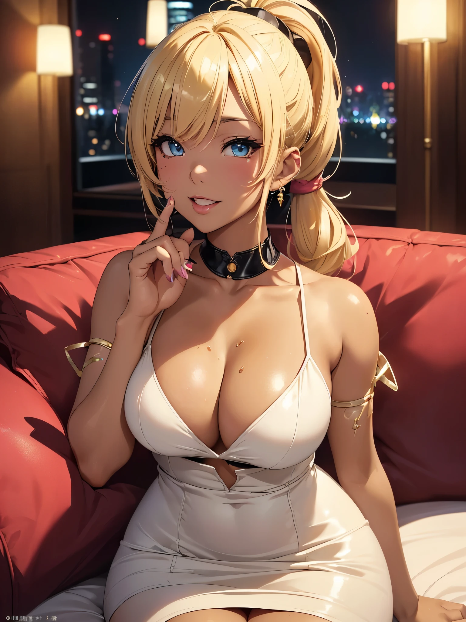 (sit next to:1.3, pov), Accurate human body、Detailed people、Correct five-finger、4K - ultra-vivid、highest quality, masterpiece, Ultra-high resolution, Detailed Background、The perfect background、
(((Oily skin,Sparkling Skin、Realistic skin texture、Detailed beautiful skin、Shiny skin、Slimy skin、Glowing Skin、Shiny skin)))、
Golden lighting、((A seductive face、Ecstatic、sexual excitement))
Full Body Shot, Low camera angle, Perfect face and eyes、
(gyaru:1.2, Cream yellow short ponytail hair:1.8, Black skin:1.5), ((Big Breasts)), (Night dress、split dress、Red dress or white dress:1.5、blue eyes、Pink Lip Gloss), (nightclub:1.1, Night lounge:1.1, Drunk, drink alcohol), kurogyaru, A large black sofa 、Young and cute gyaru, laughing happily
