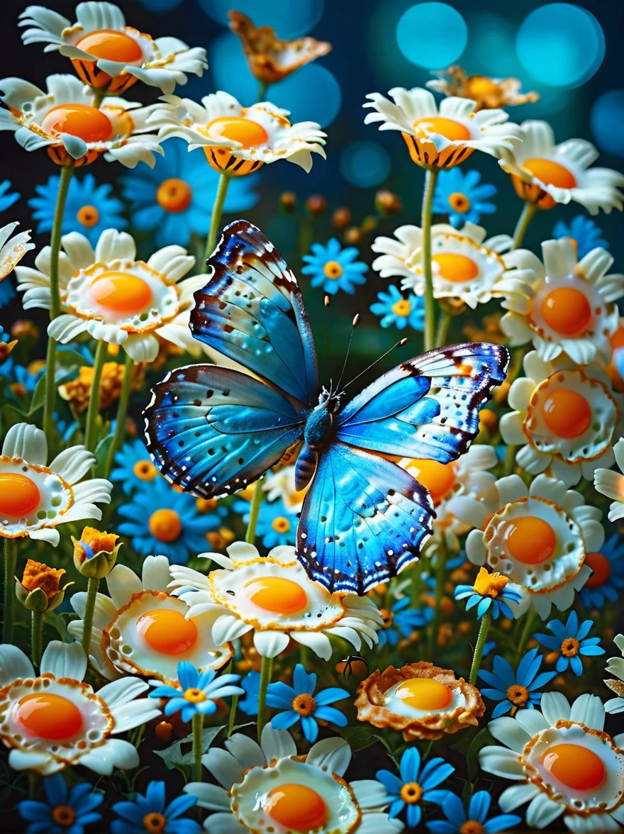 An extremely beautiful dreamy blue butterfly flying among the fried egg flowers，(solo), (Shallow and deep:0.6), Very detailed, High Budget, (Bokeh:0.6),  Film Grain, Granular ,