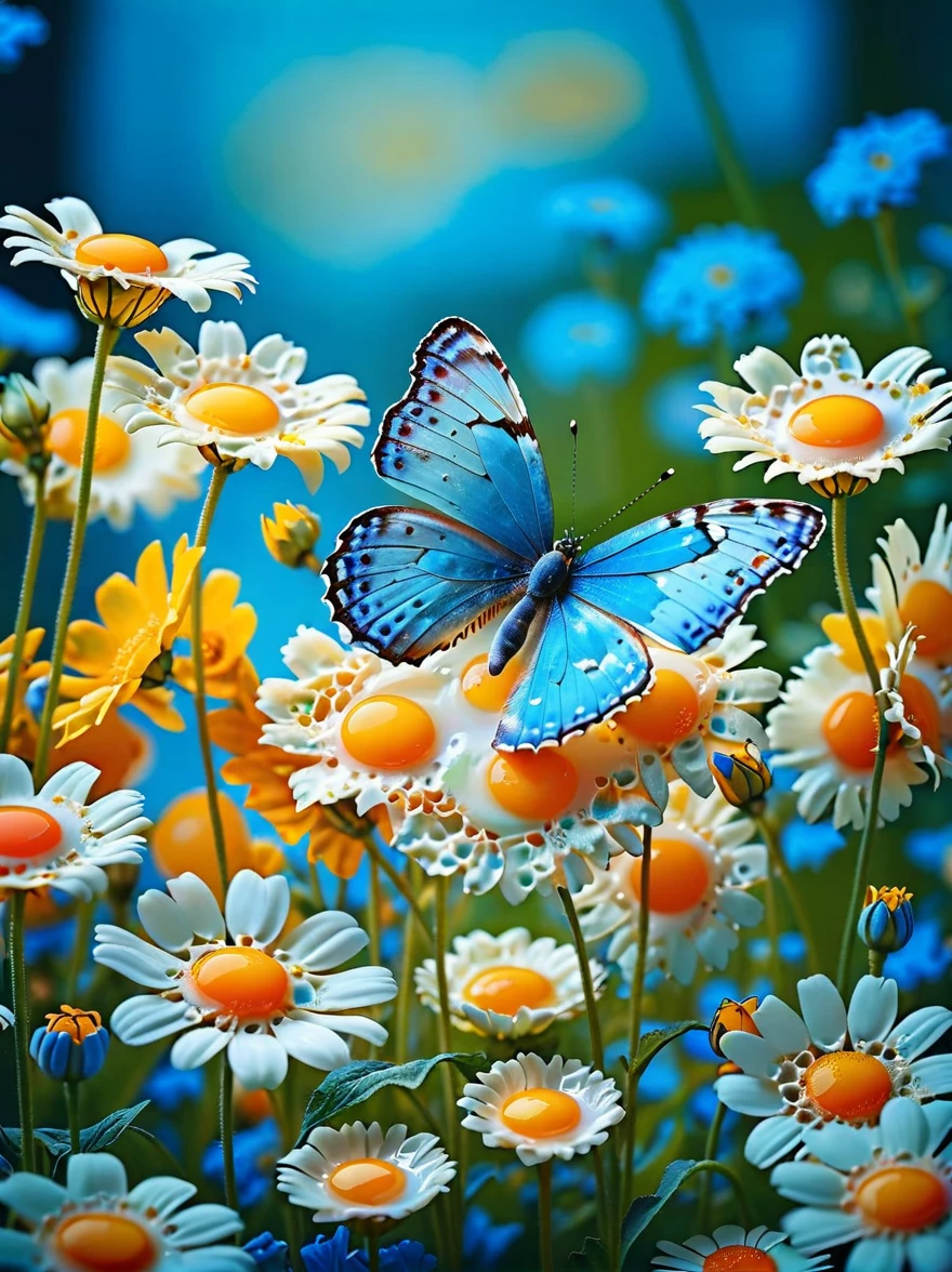 An extremely beautiful dreamy blue butterfly flying among the fried egg flowers，(solo), (Shallow and deep:0.6), Very detailed, High Budget, (Bokeh:0.6),  Film Grain, Granular ,