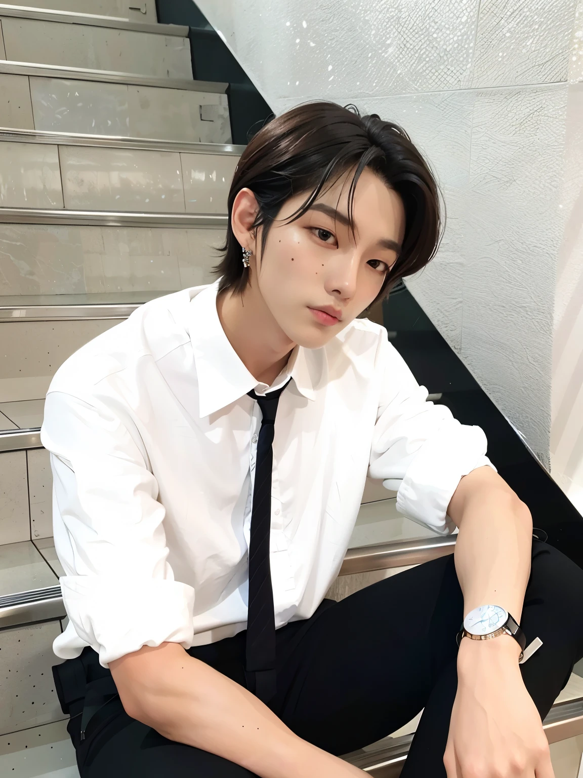There was a man sitting on the stairs,Put the watch on your wrist, Cui Lanjun,Paint Ulzzang, A delicate androgynous prince, hyung tae, Yang Juncheng, Beautiful androgynous prince, Long Hair, Long black hair, korean artist, With the same hairstyle