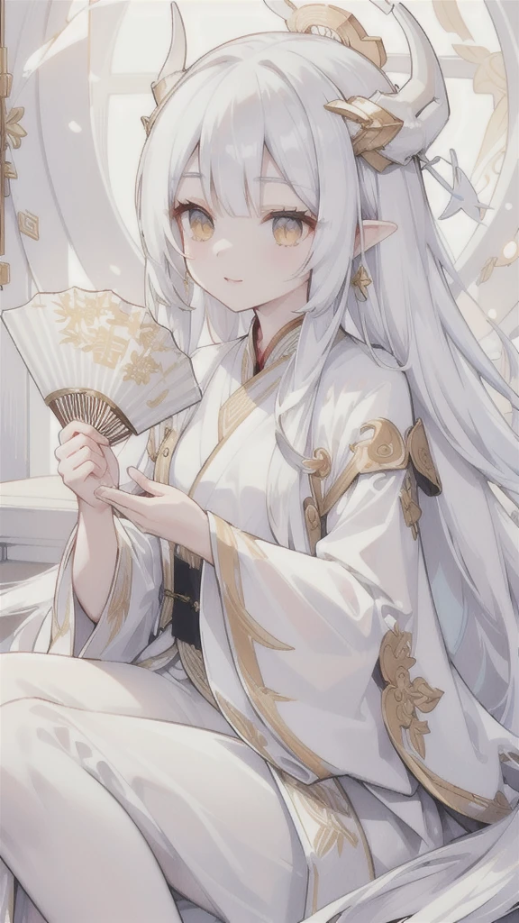 (best quality, highres, ultra-detailed:1.2), beautiful long white hair, stunning golden eyes, silver Hanfu armor, intricately designed white folding fan, white dragon horns, ethereal lighting, soft color palette