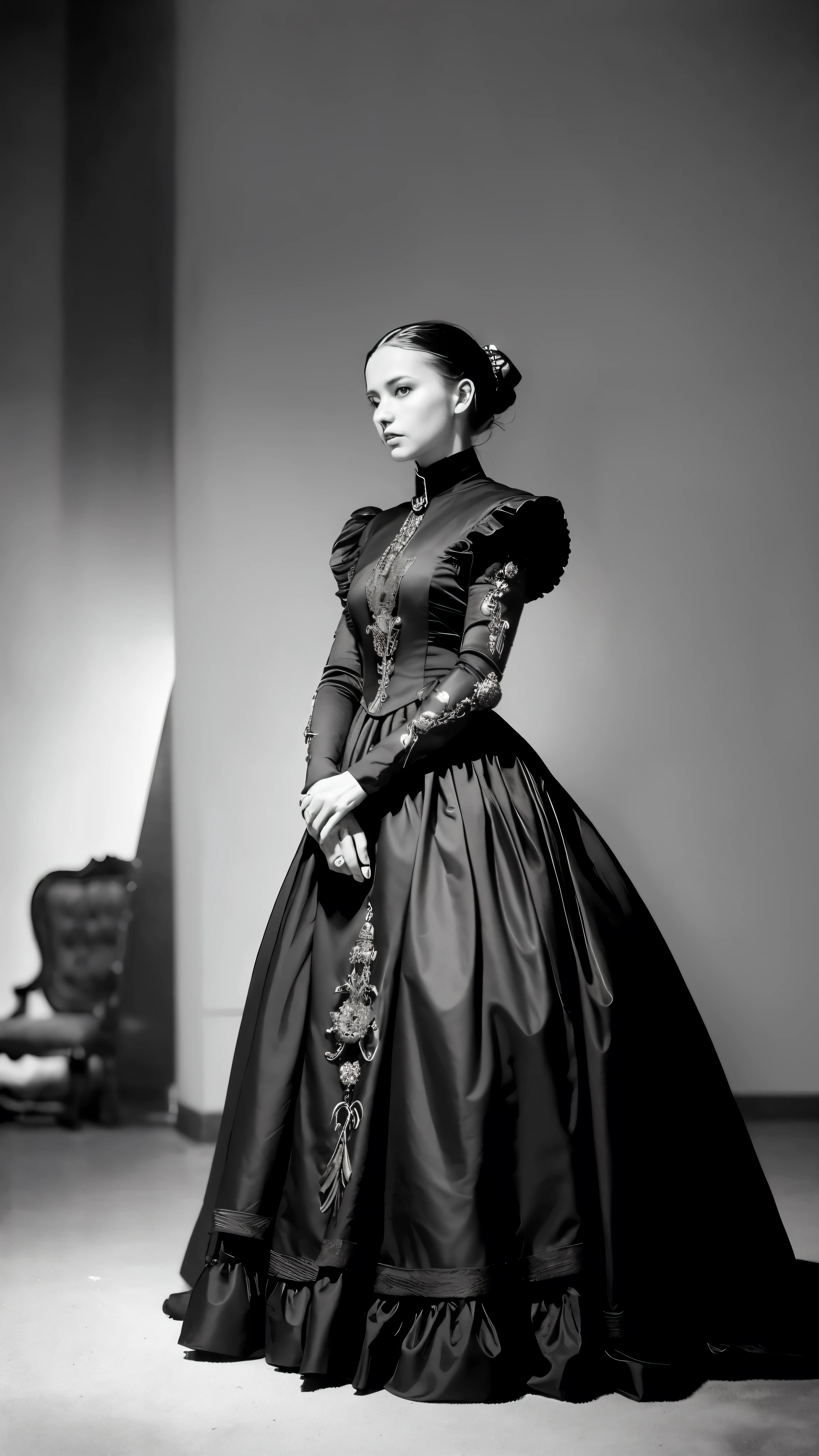 (Masterpiece, best quality), in a Victorian science fiction-inspired scene, there stands a woman and a robot side by side. The woman, dressed in an intricately designed plaid attire, dons ornate armor reminiscent of Hugh Kretschmer's creations. Nearby, the robot, with its gears and metallic exterior, gleams under the dimly lit set.
This captivating scene is brought to life through the art of cinematography, showcased in cinematic widescreen footage from 2009. The black and white color photography adds a sense of timelessness and mystique, as does the fine art of fashion photography.