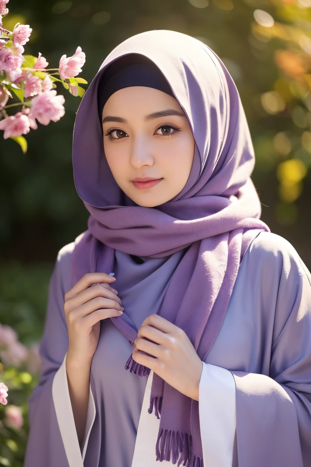 Luna Maya, 30 years old, blushing, hijab ( the hijab covered the hair ), (8K, raw photo, highest quality, flying fragments: 1.2), (reality, realita: 1.4), sharp focus on something big, slim face, medium breasts, shy smile, cinematic lighting, bright light, eye beauty details, shiny and smooth skin, red lipstick, shiny skin, super dense skin, high resolution, complicated hijab, detailed style, detailed beauty face, very realistic, perfect body parts, perfect ???????, 1 Japanese girl, famous Japanese idol, perfect female body, beautiful eyes, short eyelashes, double eyelids, look straight towards here, wearing white scrunchie, wearing a long purple abaya, walking, standing upright and facing me, so the whole body can be seen, autumn season, abaya clothes, looking straight at me, wearing a scarf, view of the flowers garden, brick road, focus look at me