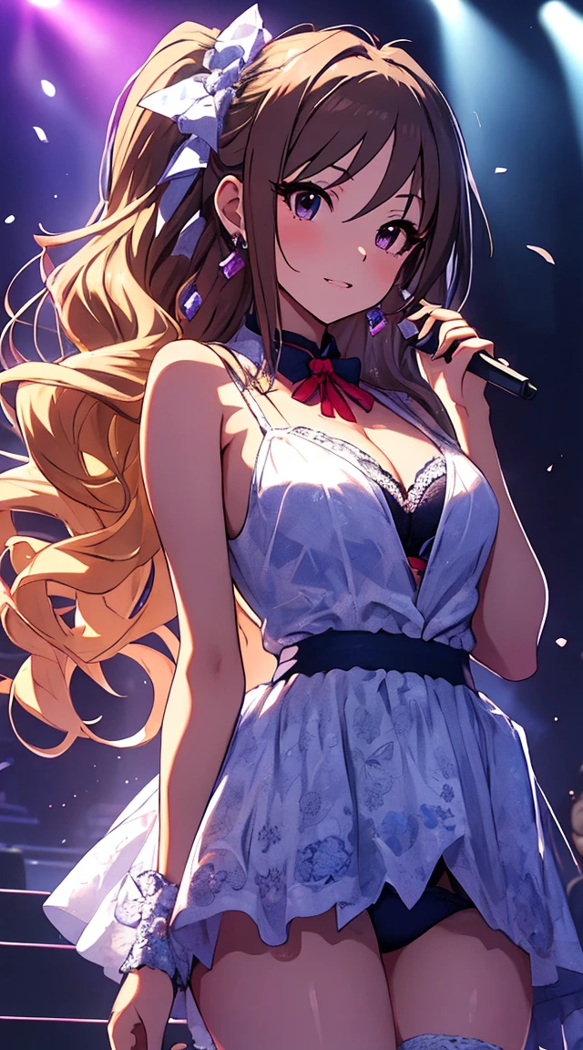 shyny brown hair,shiny hair,droopy eyes,(masterpiece),slim proportion,tyte west,full-body:1.7,ultra high res, best quality,ultra detailed, (highly detailed beautiful eyes), solo, (himesaki rinami),(idolmaster)(THE IDOLM@STER shyny colors stage costume),golden long hair,clean blue eyes,red tieek,large breasts,sparking sheer idol tyte cuty costume,singing stage,looking many cute girls,colorful light stage,,OL, office lady, panty, bra, ,transparency gray hair, long hair