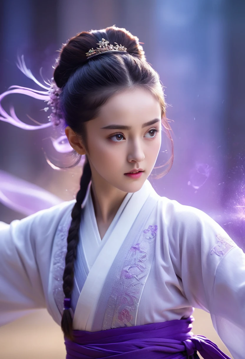 uhd, epic, cinematic still frame, sharp focus, craft a hyper realistic photo of most attractive and beautiful Wuxia girl (Dilraba Dilmurat), (beautiful face)、(((1 juvenile，full bodyesbian，tear-mole:)))full bodyesbian，Sharp eyes，Clear facial features，wearing a lace hanfu，White robe，Fighting，Strong dynamic posture，The body is surrounded by purple mist，Runes surround you，tai chi martial arts action，Holographic reality，holographic halo，dynamic blur，Game lighting effects，rim-light，Soft light，cinematic rim light，The light is delicate, Qi explosion, 