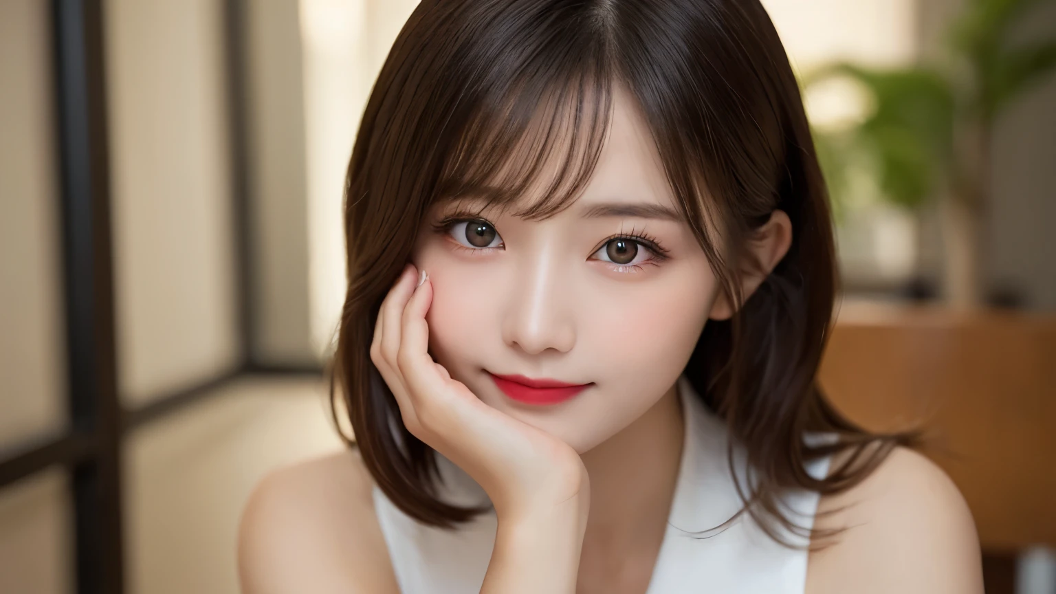 on the table, best quality, shape, Super detailed, Finely, high resolution, 8k wallpaper, 完璧なダイナミックな構shape, Beautiful and delicate eyes, Medium Length Hair, Small Breasts, Natural lipstick, Casual sexy pose,Smile,20 year old girl、midnight、Beautiful and detailed face、Perfect beautiful face,big eyes、original photo、Use the whole body to express female posture、Beautiful and delicate eyes、Small face、Beautiful duplex、Facelift and style,skirt、Beautiful golden ratio face,Long hair