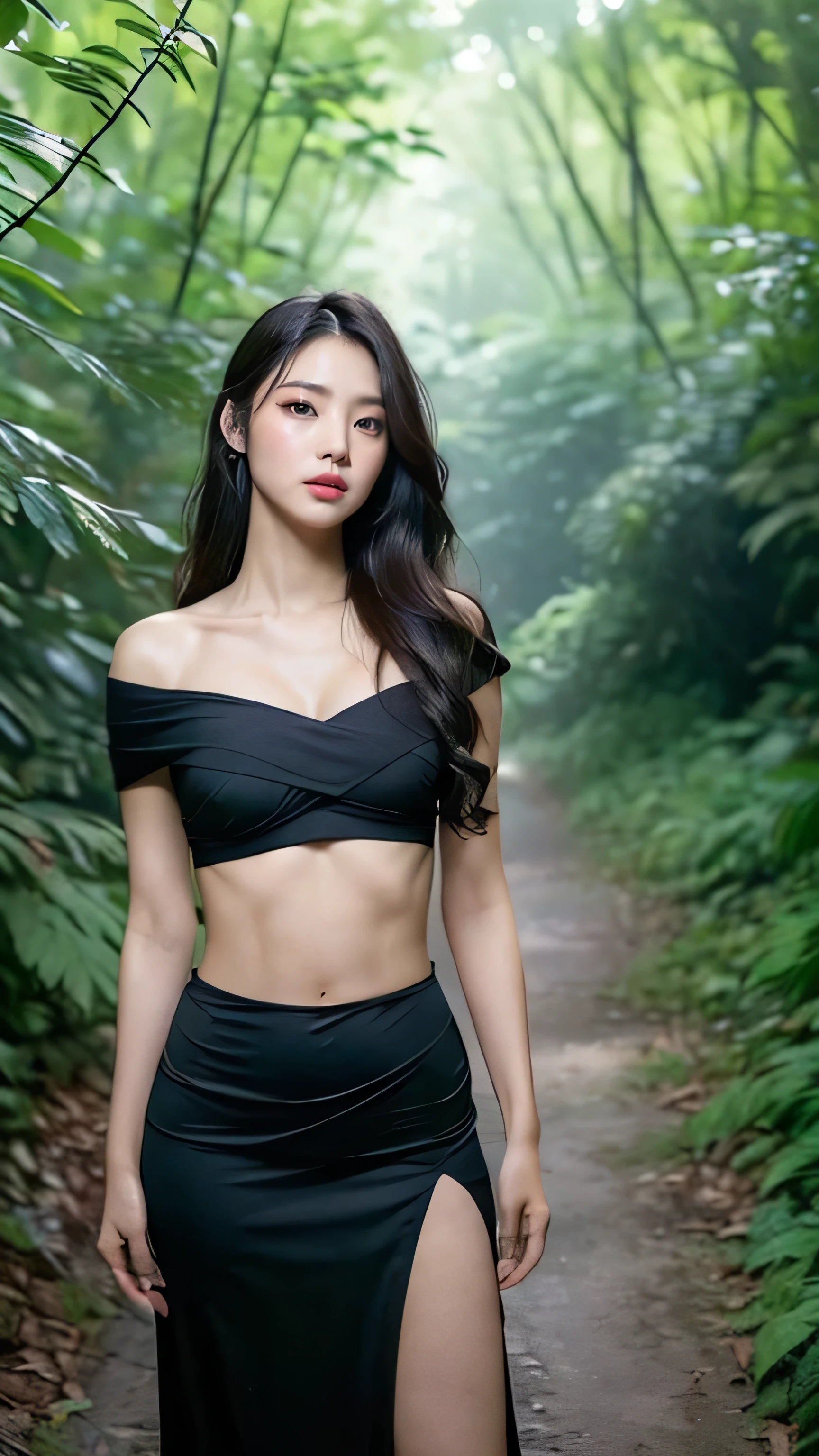 ((Realistic lighting, best qualtiy, 8k, tmasterpiece:1.3)), sharp fokus:1.2, (((full body photo))), 1girl, Beautiful Women with Perfect Figure:1.4, ((Slim abs:1.1)), ((long black hair)), (wear a crimson dress that clings to her curves,:1.4), ((in the dark forest with stone wall)), Ultra-fine face,Fine eyes,double eyelid,Leaks out the entire delicate breast