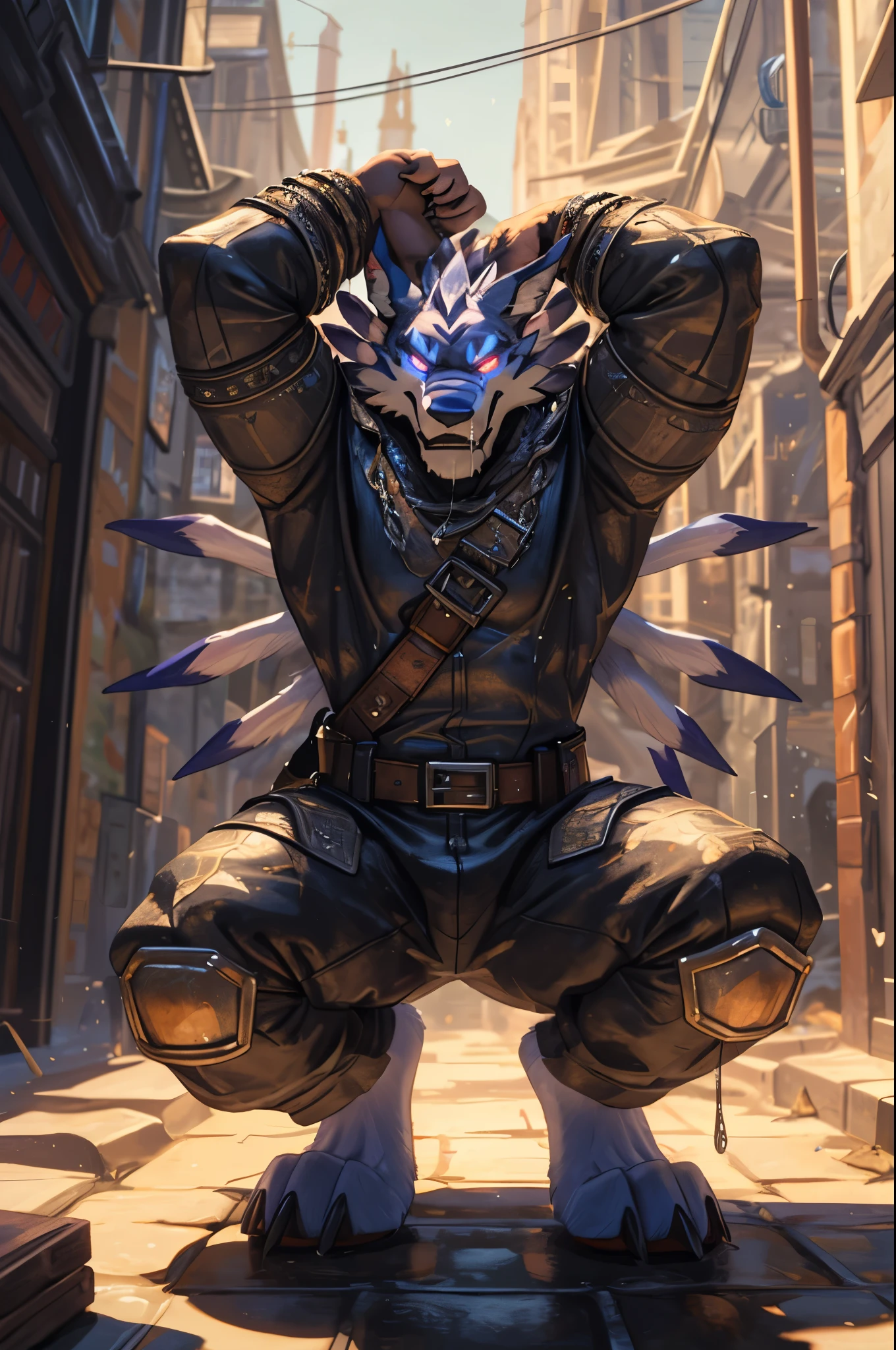 (((Barefoot furry character, full body, cinematic setting, furry male))) 
Barefoot (hypnotised) WereGarurumon wears ((black ninja suit)), get down on one knee as if praying, detailed paws with claws, blue fur, in a trance, a look of weak resistance to hypnosis on his face, holding head as if he have headache,   ((drooling)), (((red glowing eyes))), 
BREAK, detailed background, 8K, (masterpiece:1.5), intricate details, highly detailed, extreme detail, octane render, fine art, best quality, highres, (detailed face:1.5), ((full_body)), UHD, (((perfect hands)))